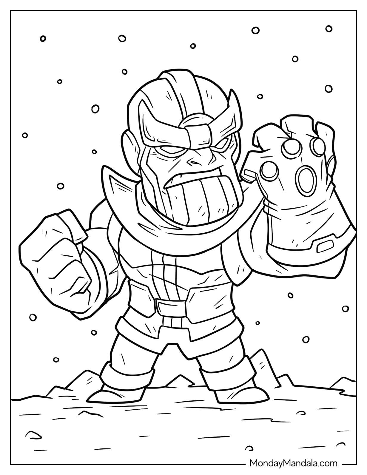 Chibi Thanos Coloring Page Wearing Infinity Gauntlet In Space For Kids