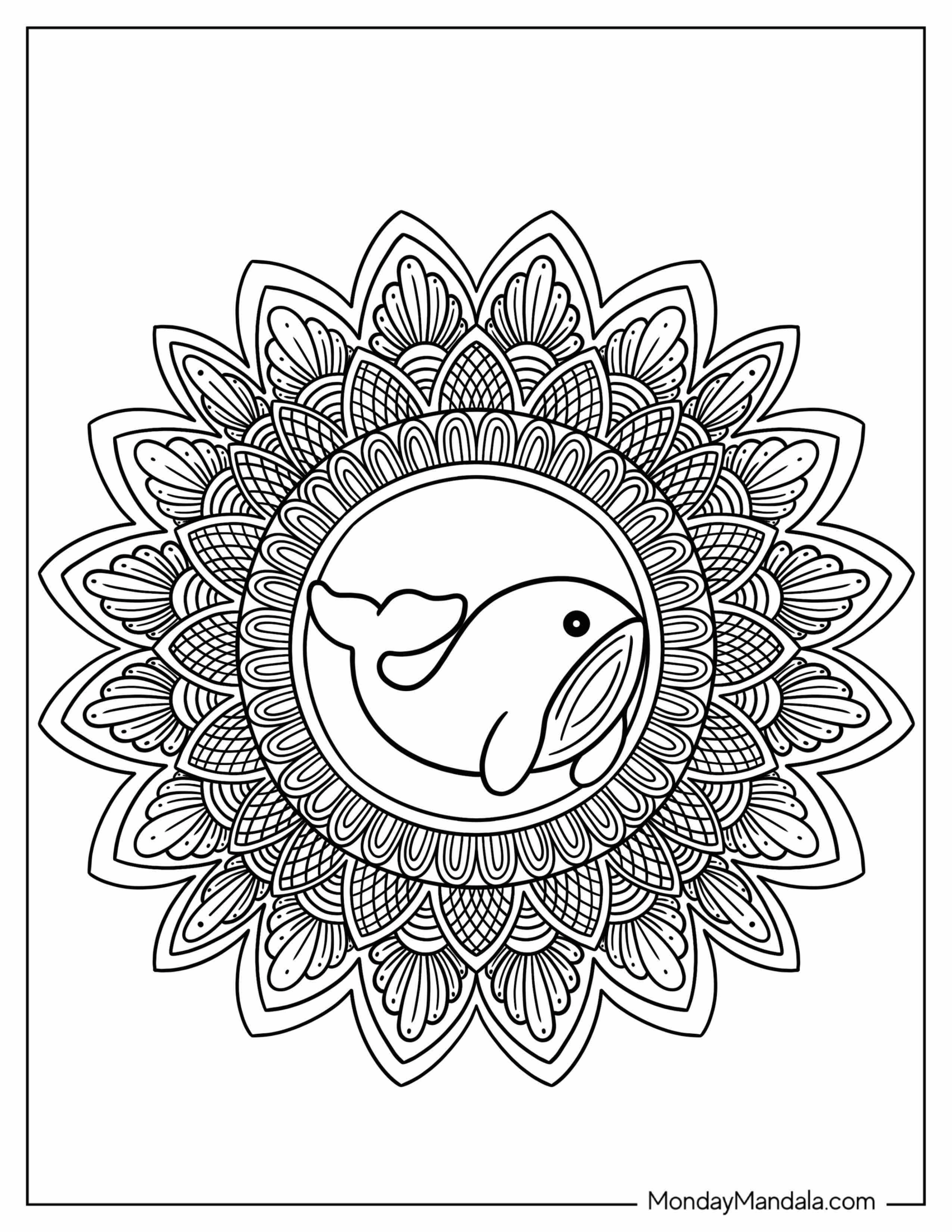 Chibi Whale Inside Flower Mandala Coloring Page