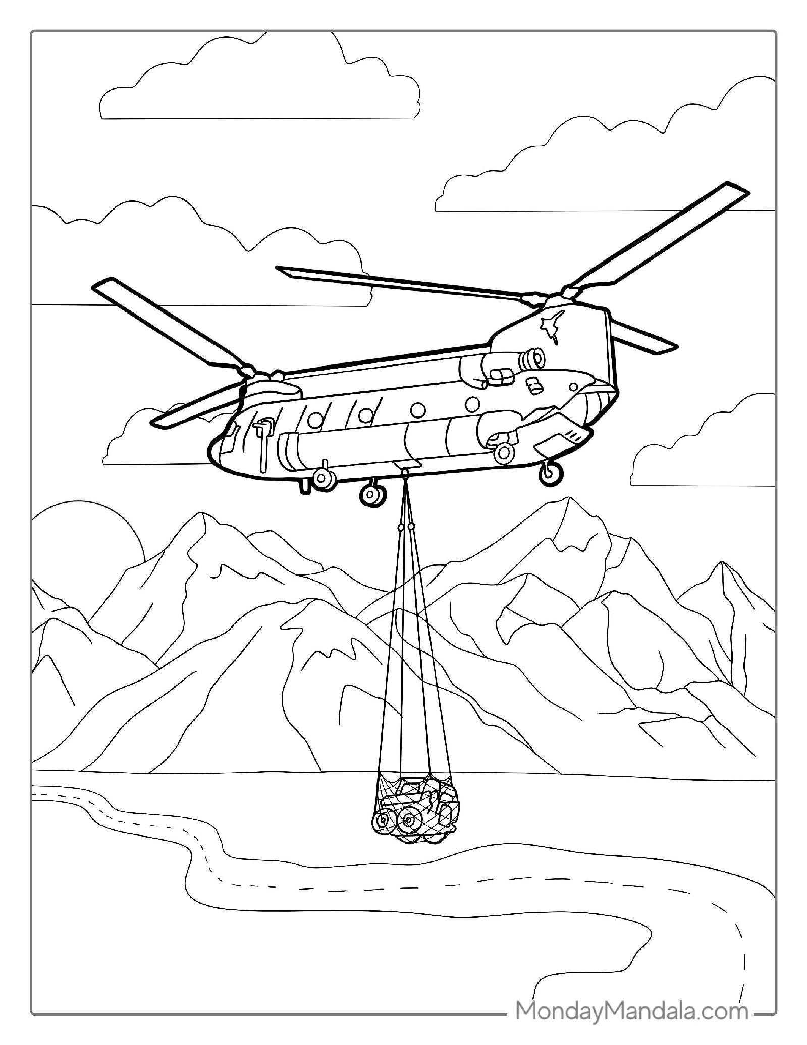 Chinook Helicopter Carrying A Jeep Over Mountain Range