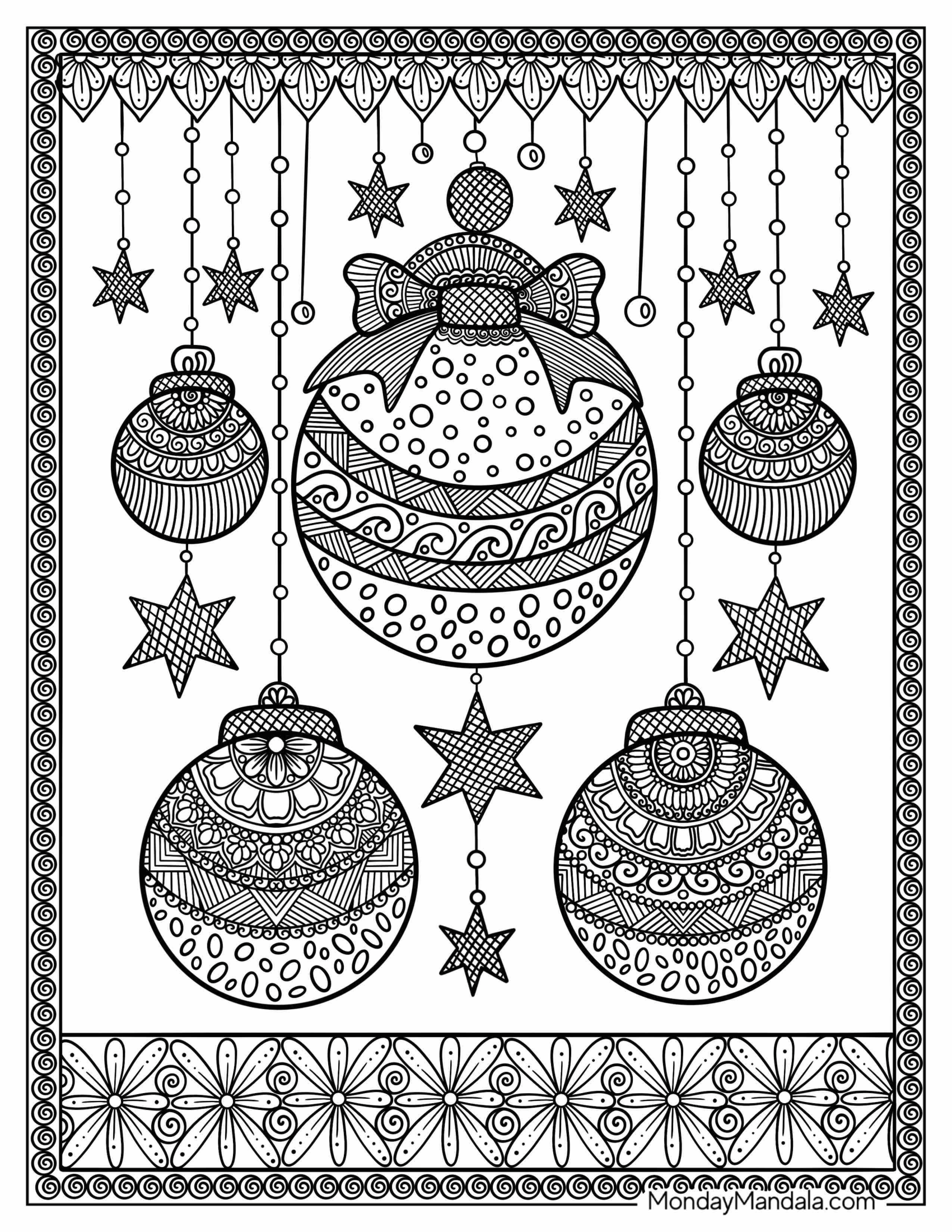 Christmas Baubles And Stars Mandala Coloring Sheet