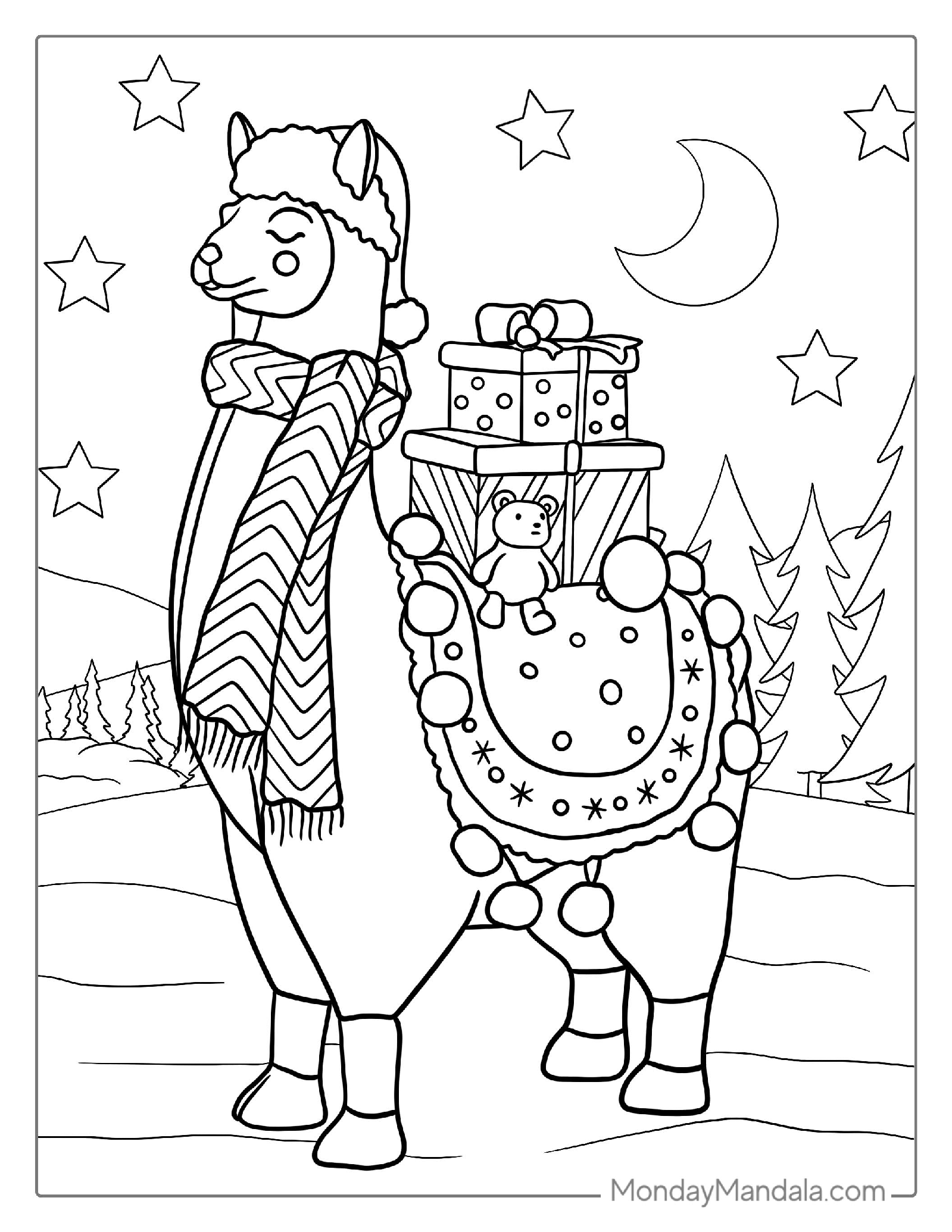 Christmas Inspired Llama To Color