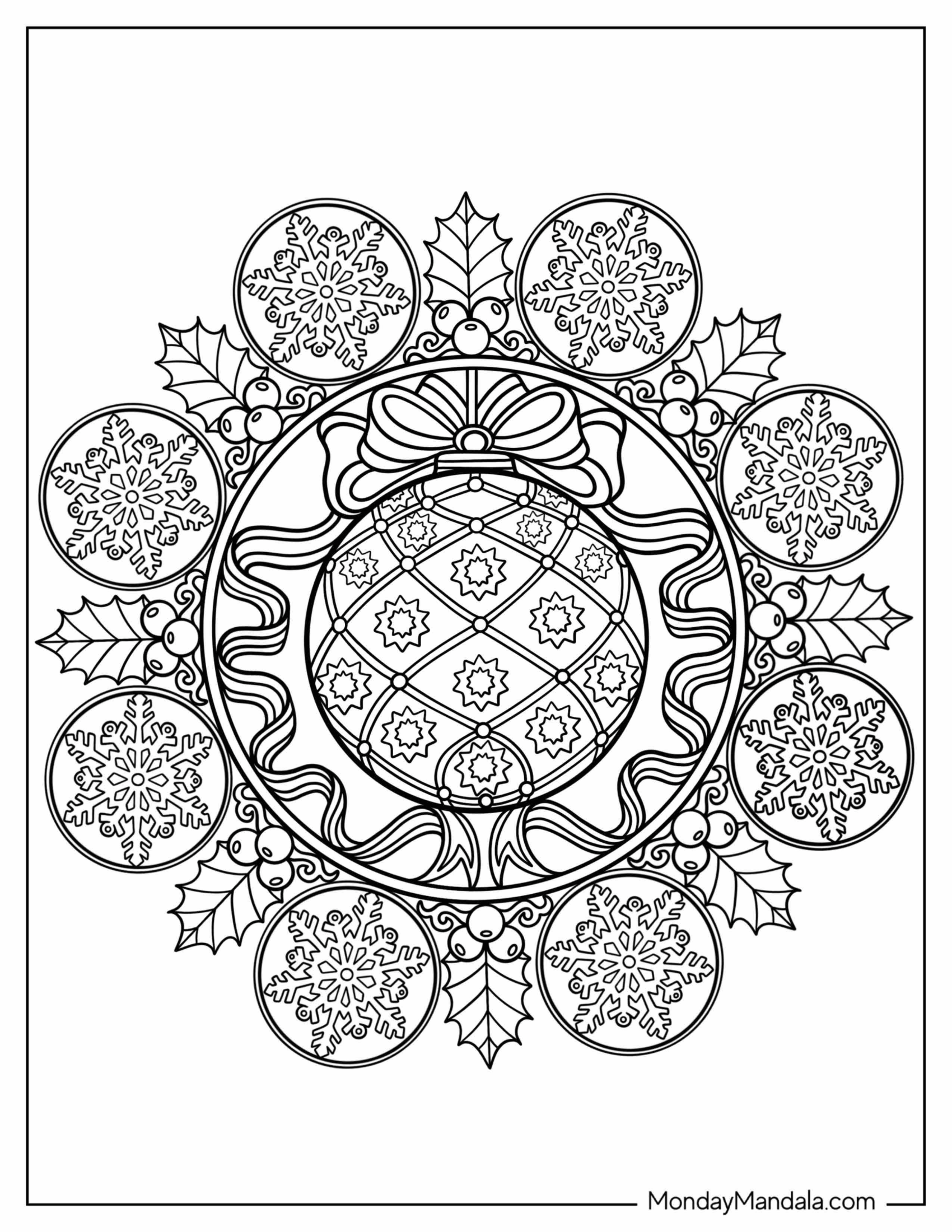 Christmas Mandala Baubles And Snowflakes Coloring Page