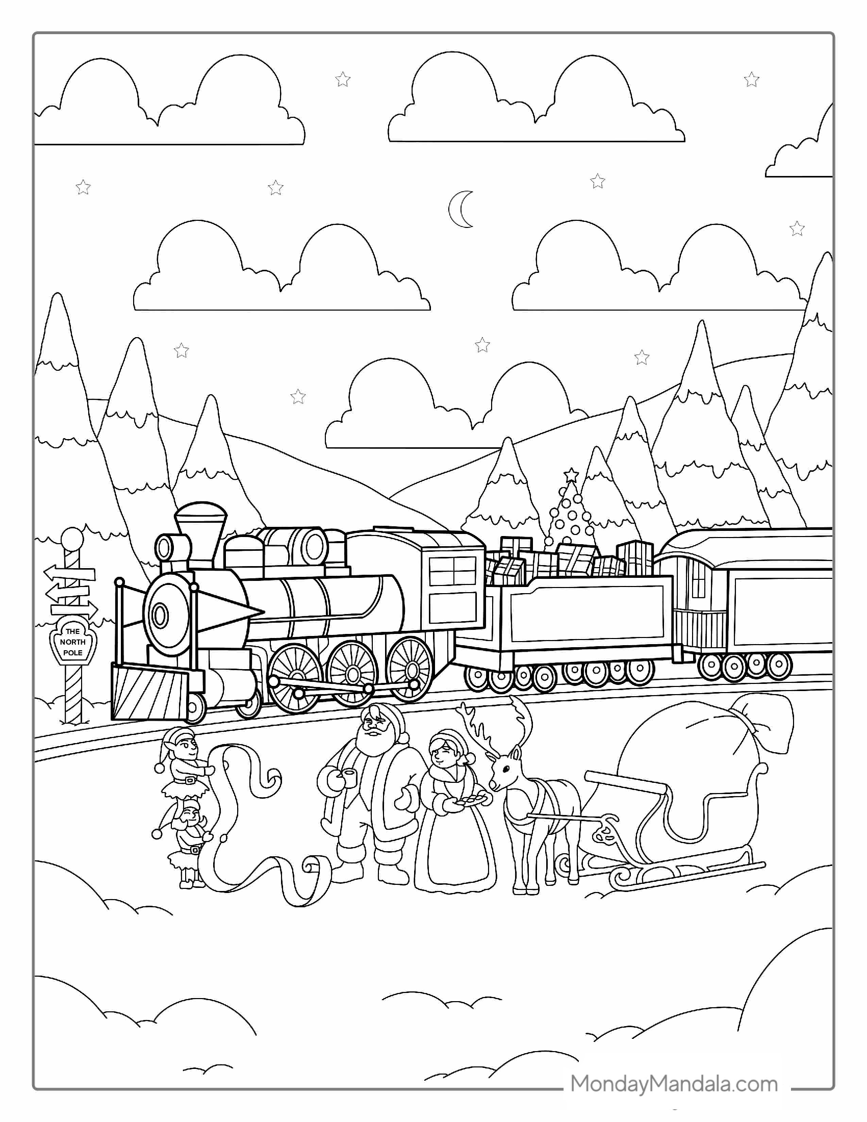 Christmas Themed Train With Santa To Color