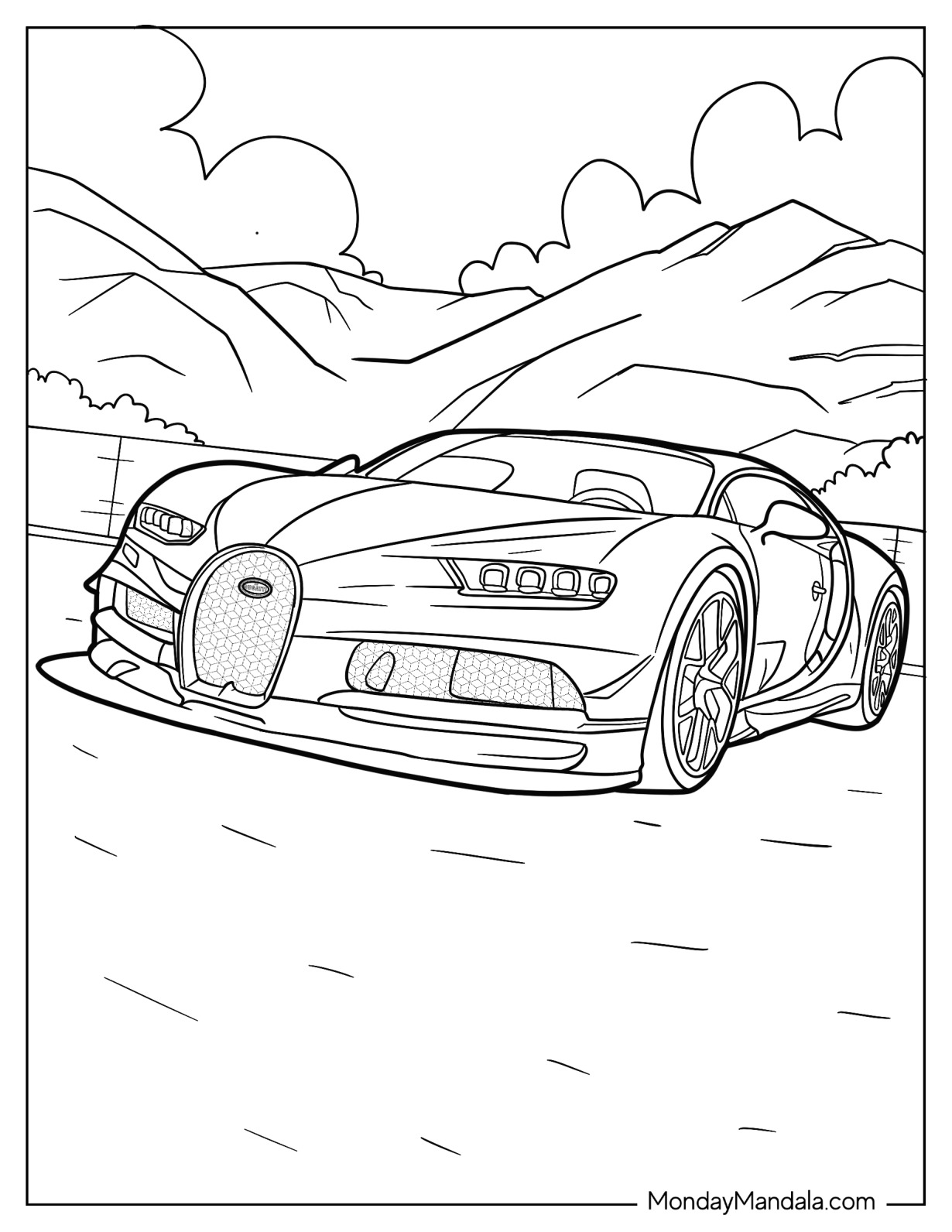 Close Up Of Bugatti Coloring Page Chiron With Mountains In Background