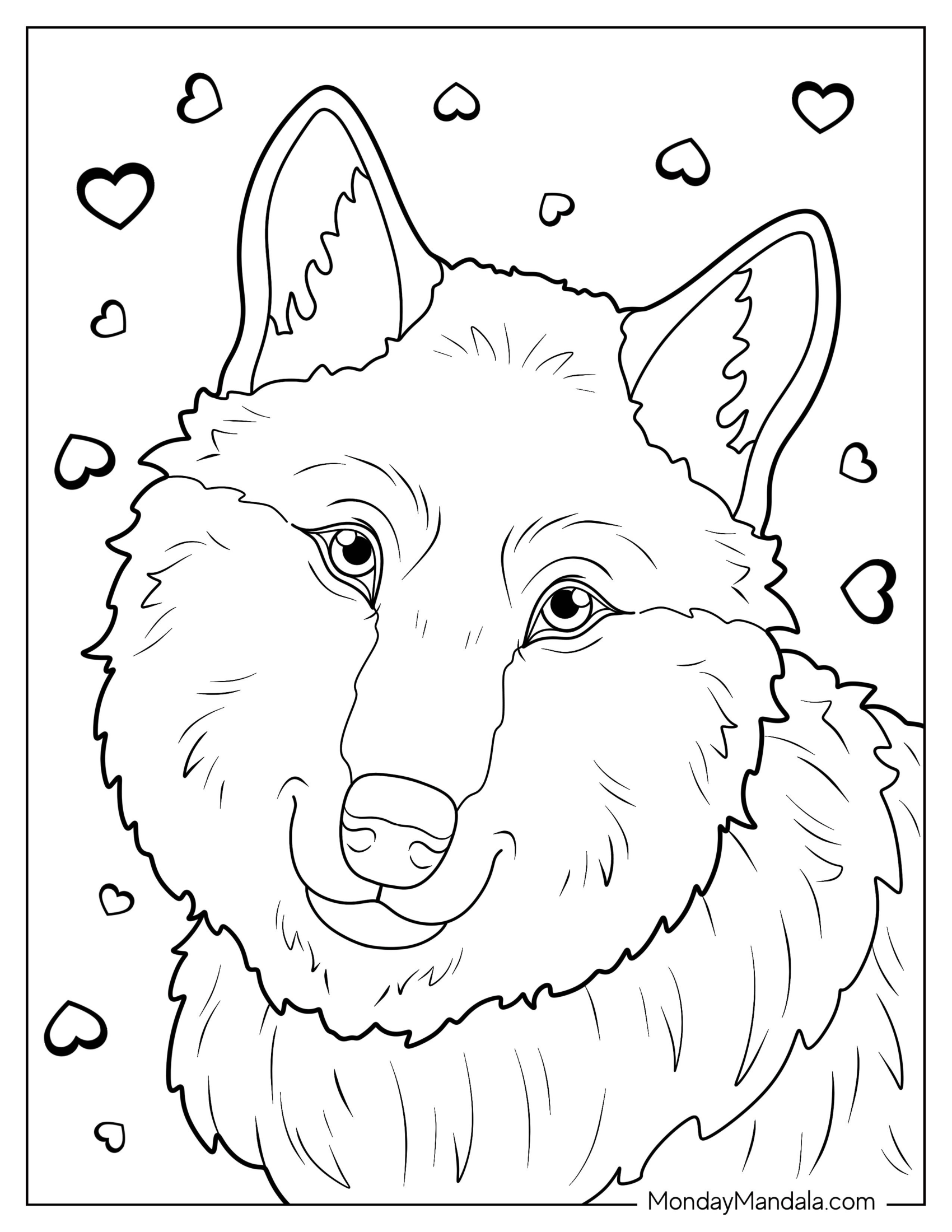 Close Up Of Fluffy Wolf Coloring Page With Hearts For Kids