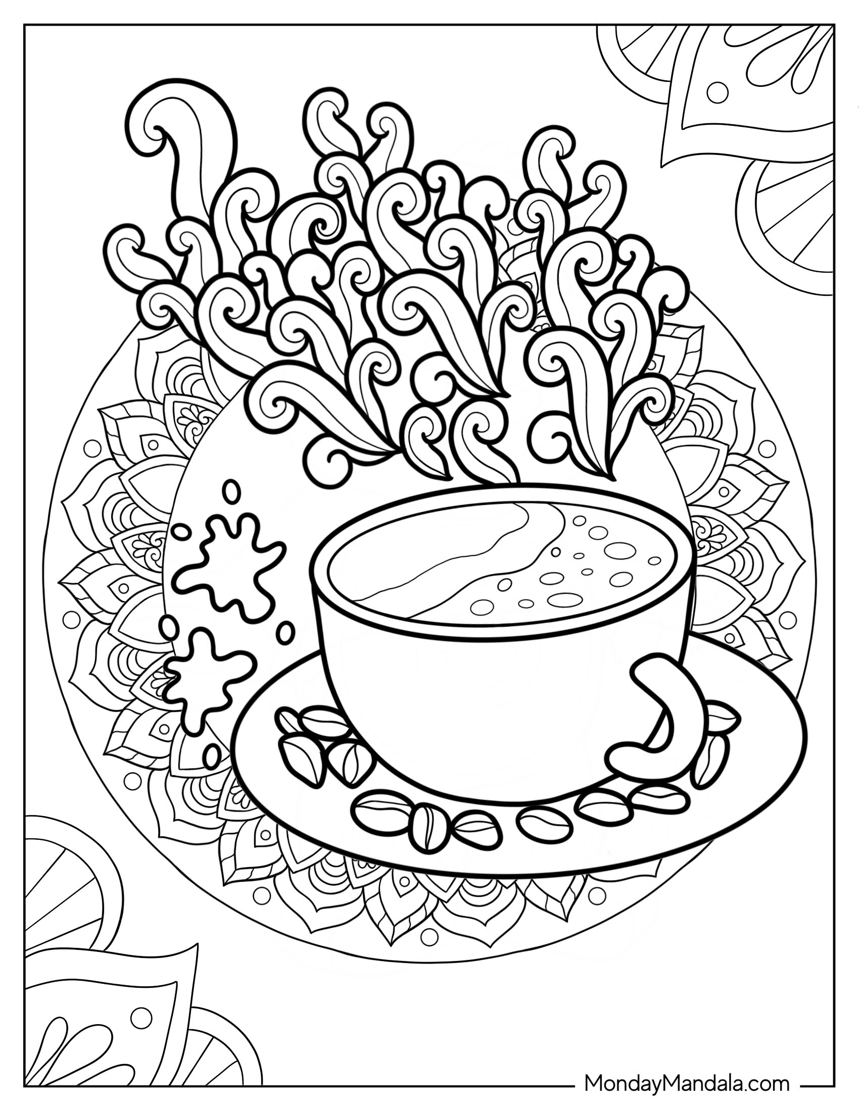 Coffee Coloring Page Mandala With Beans And Spills