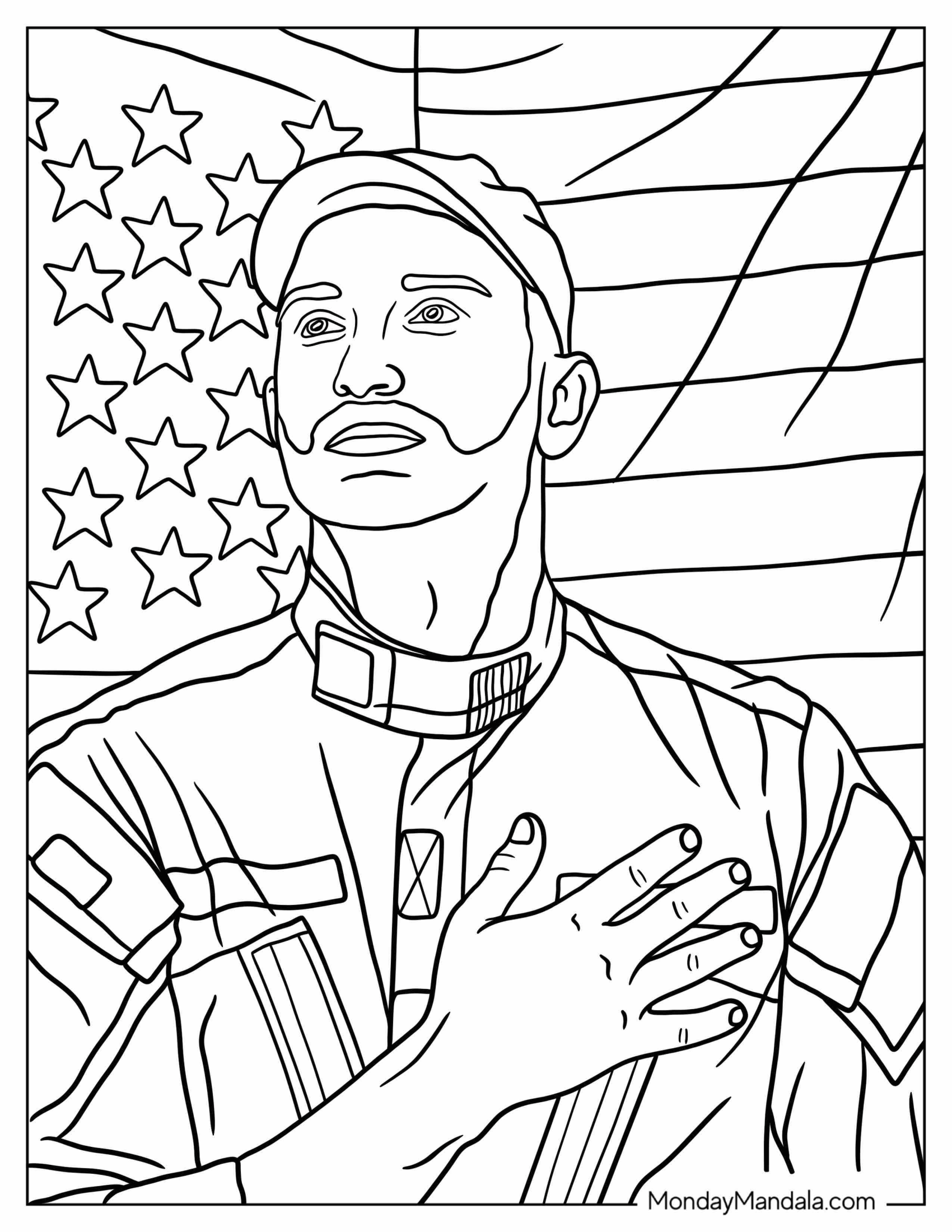 Coloring Page Of American Solider In Front Of US Flag