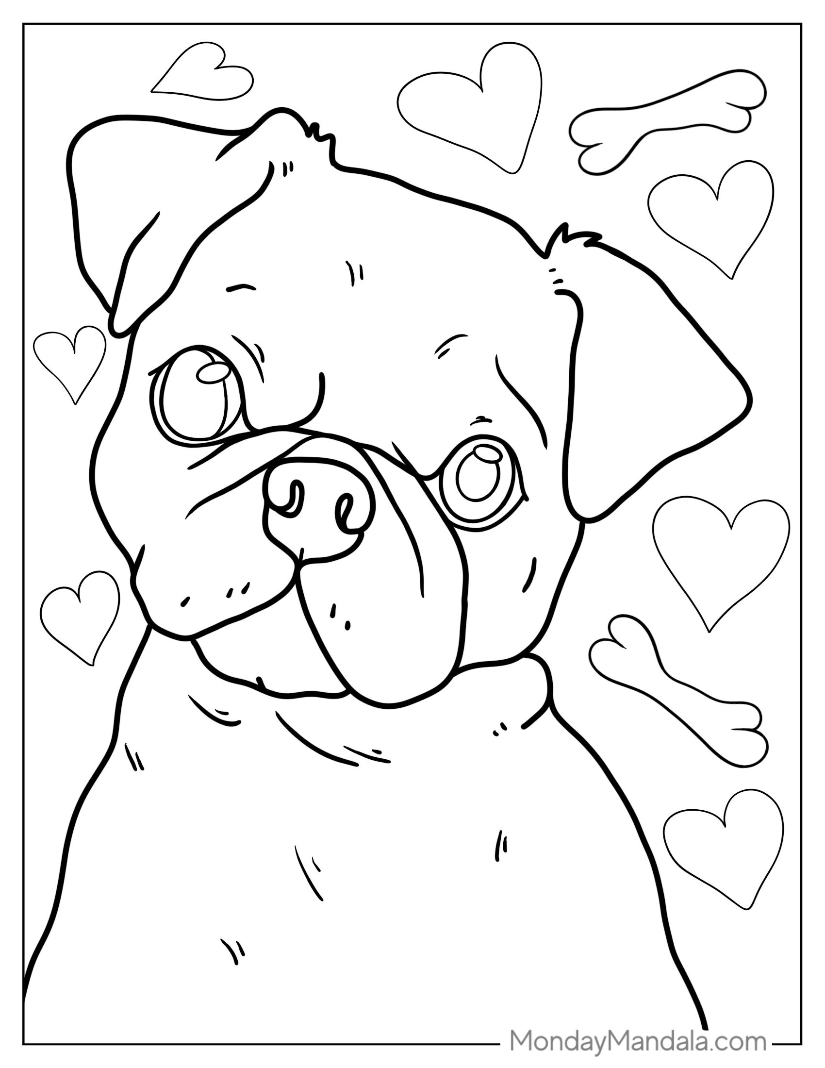 Coloring Page Of Baby Pug With Bones And Hearts