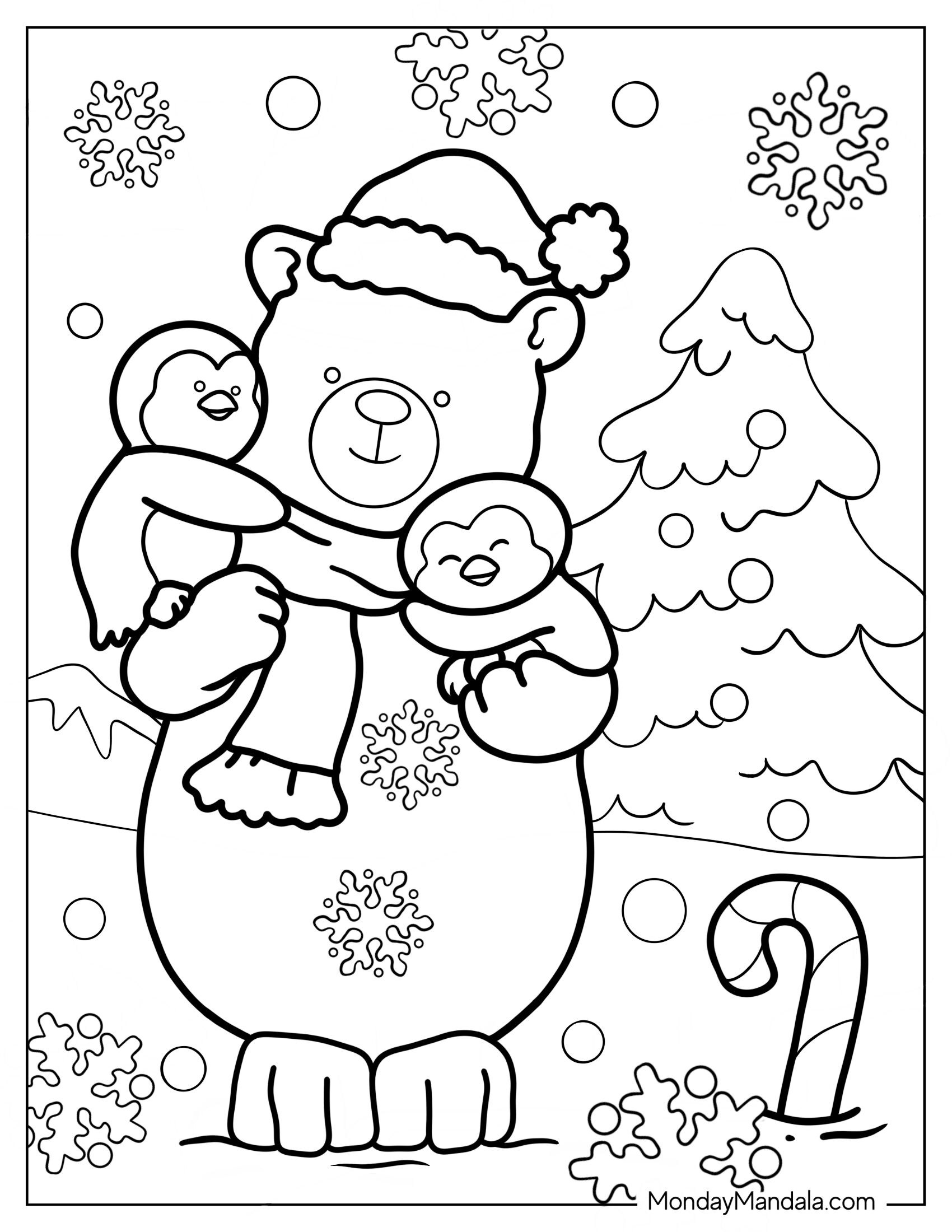 Coloring Page Of Cartoon Polar Bear With Penguins On Christmas