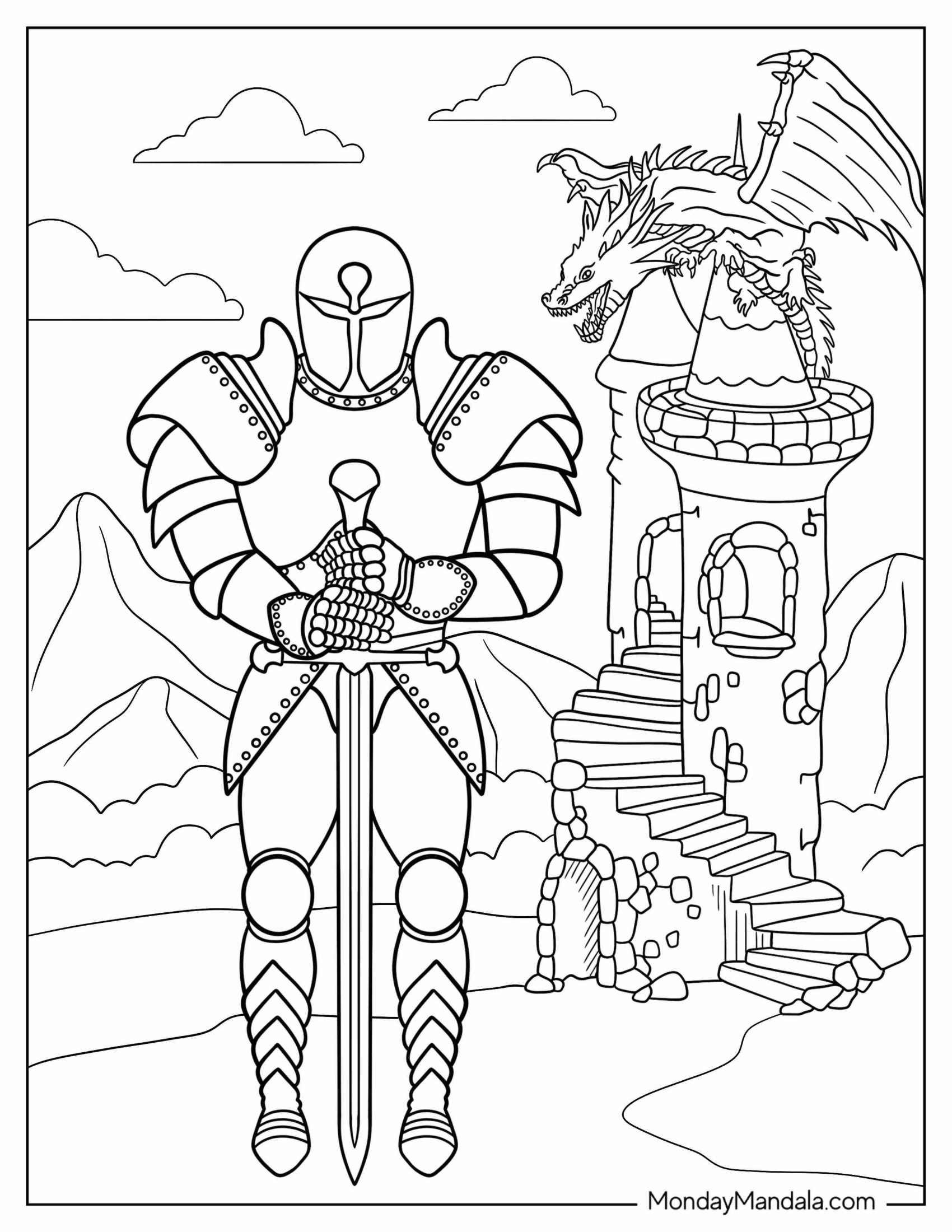 Coloring Page Of Knight With Dragon On Tower