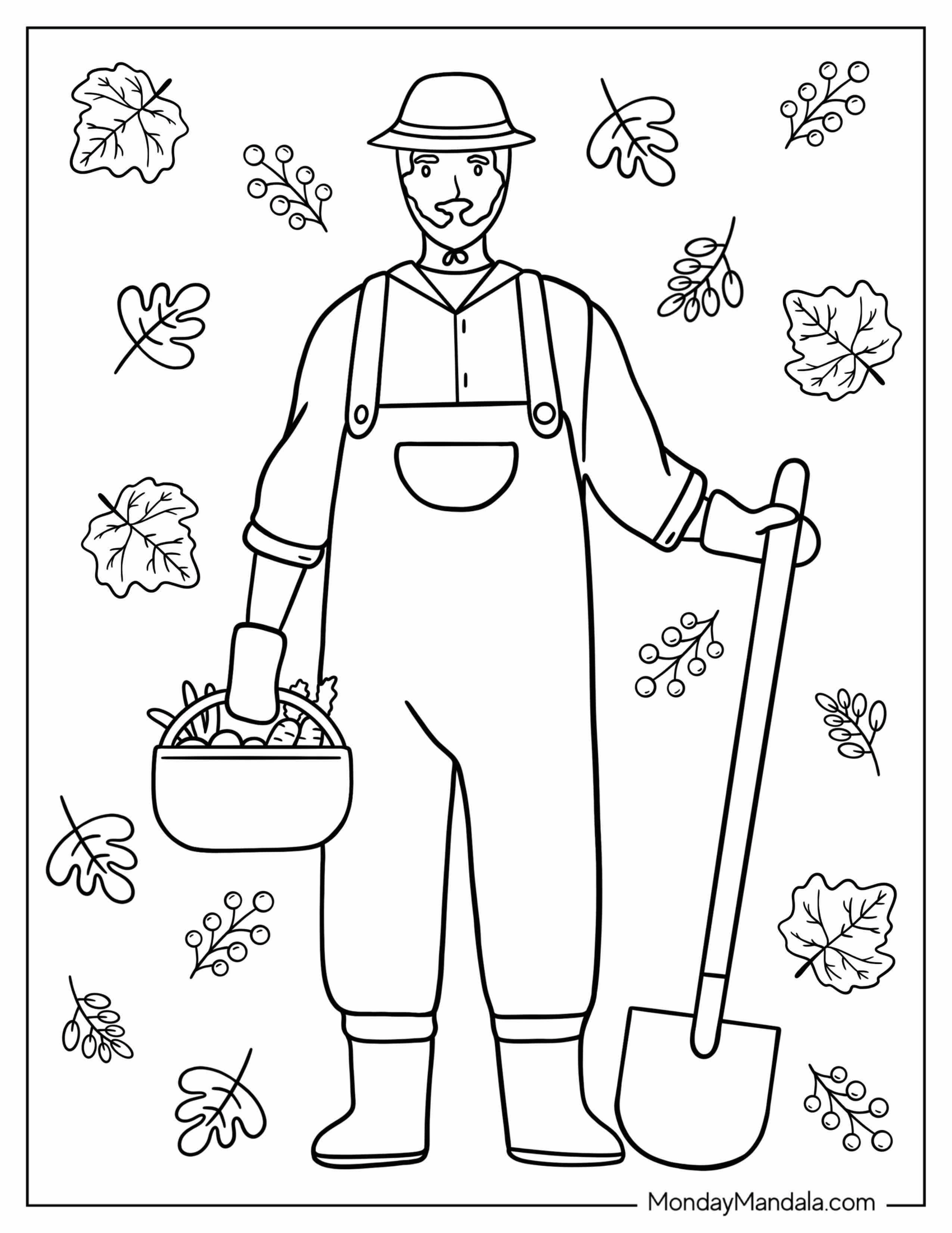 Coloring Page Of Man Holding Vegetable Basket And Shovel In Autumn