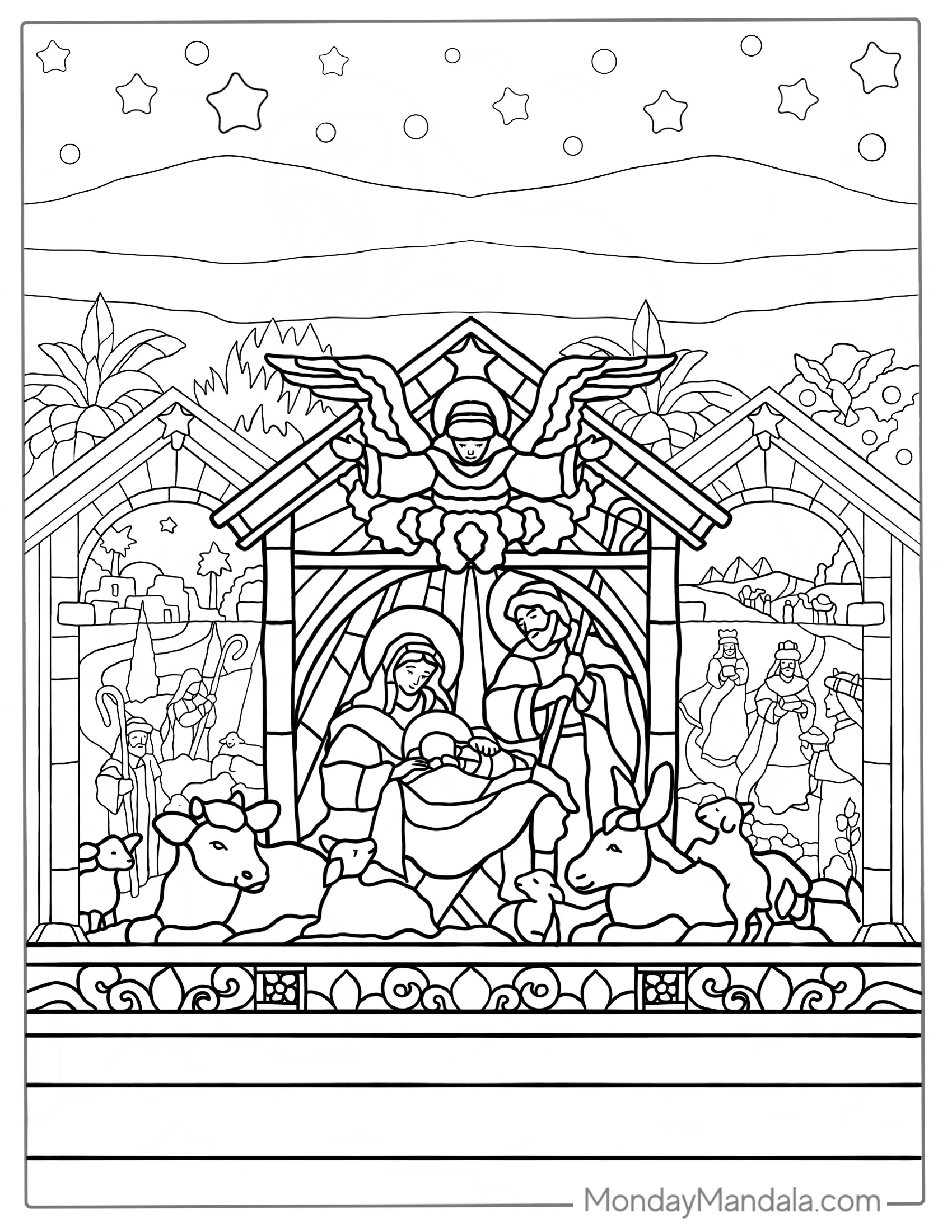 Coloring Page Of Nativity In Stained Glass With Shepards And Magi