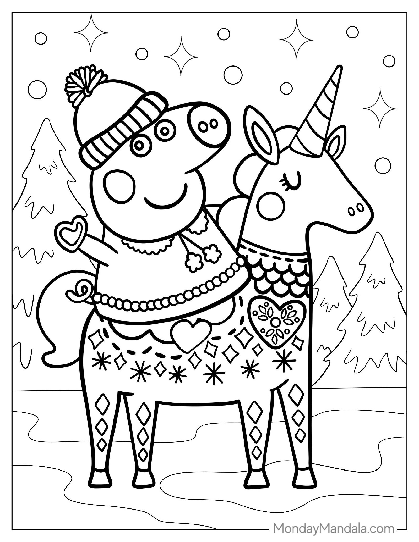 Coloring Page Of Peppa Pig And a Unicorn