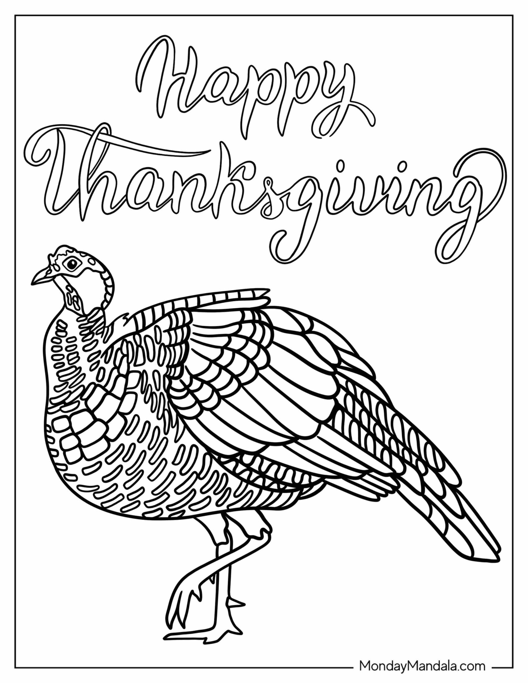 Coloring Page Of Realistic Turkey Below Happy Thanksgiving Sign