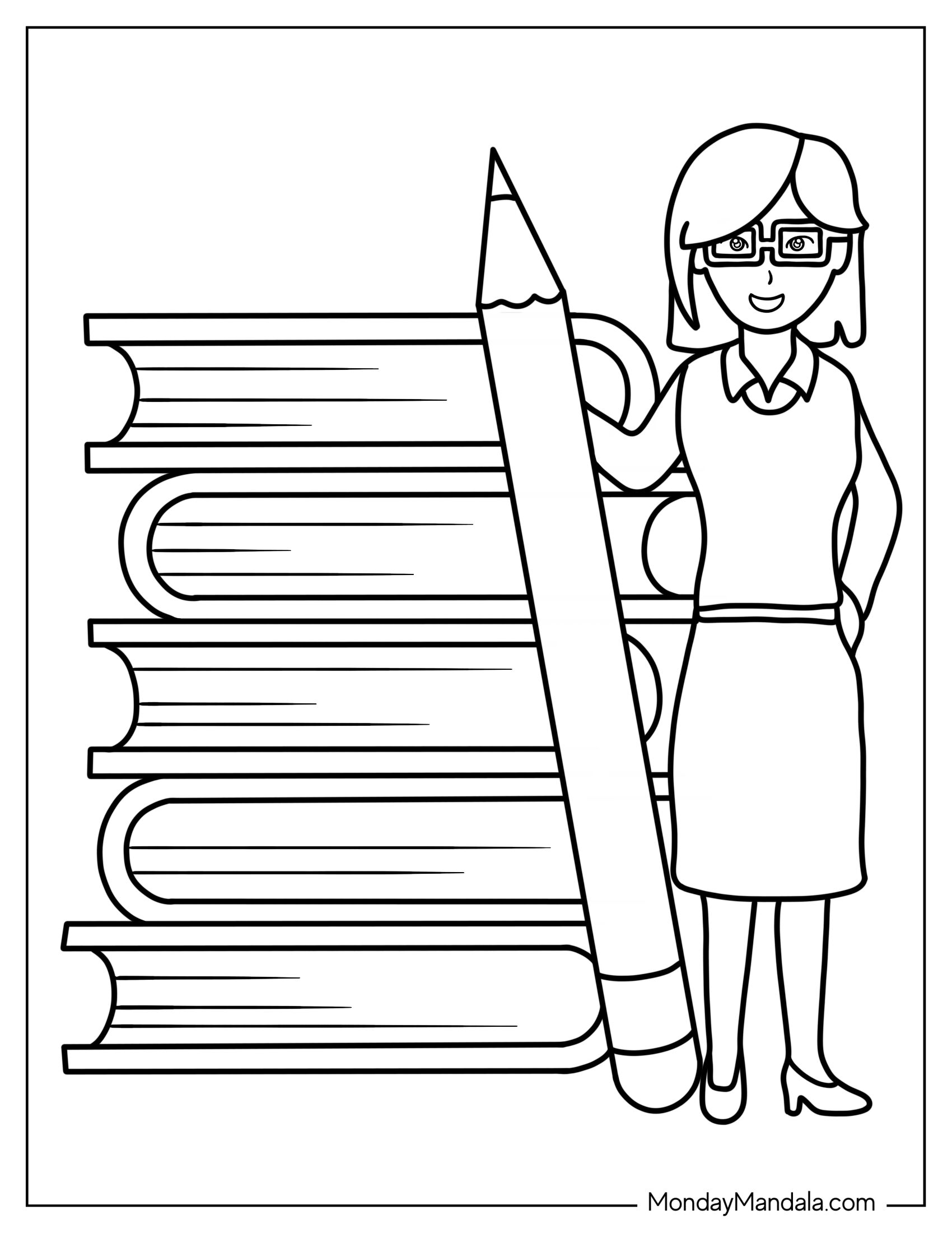 Coloring Page Of Teacher Holding Pencil Next To Books