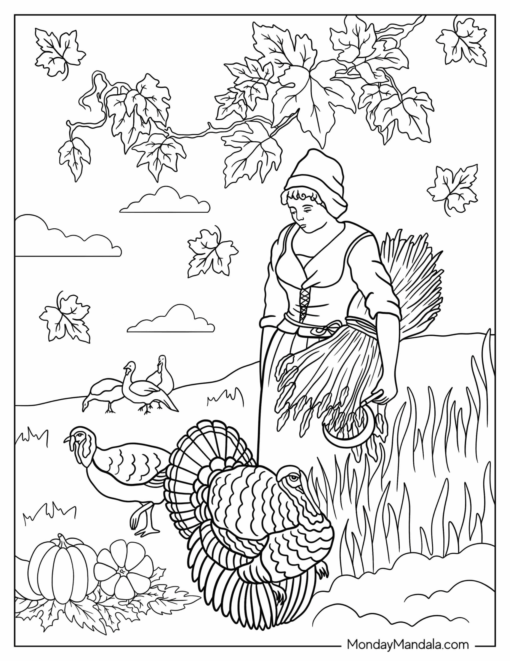 Coloring Page Of Woman In Field With Turkeys