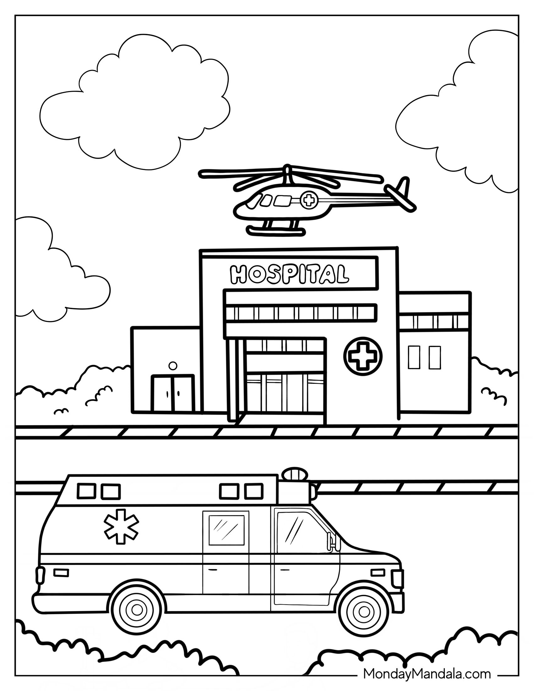 Coloring Page Of a Hospital With Ambulance And Helicopter