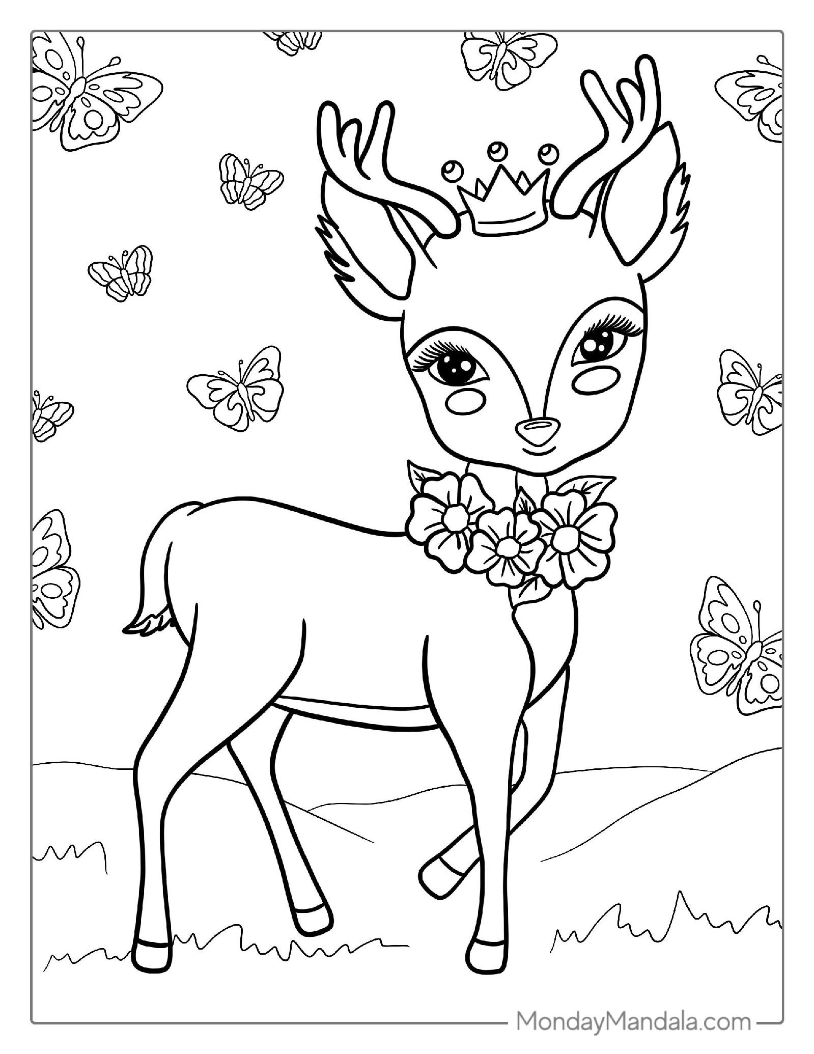 Coloring Page Of a Kawaii Themed Deer Wearing a Crown