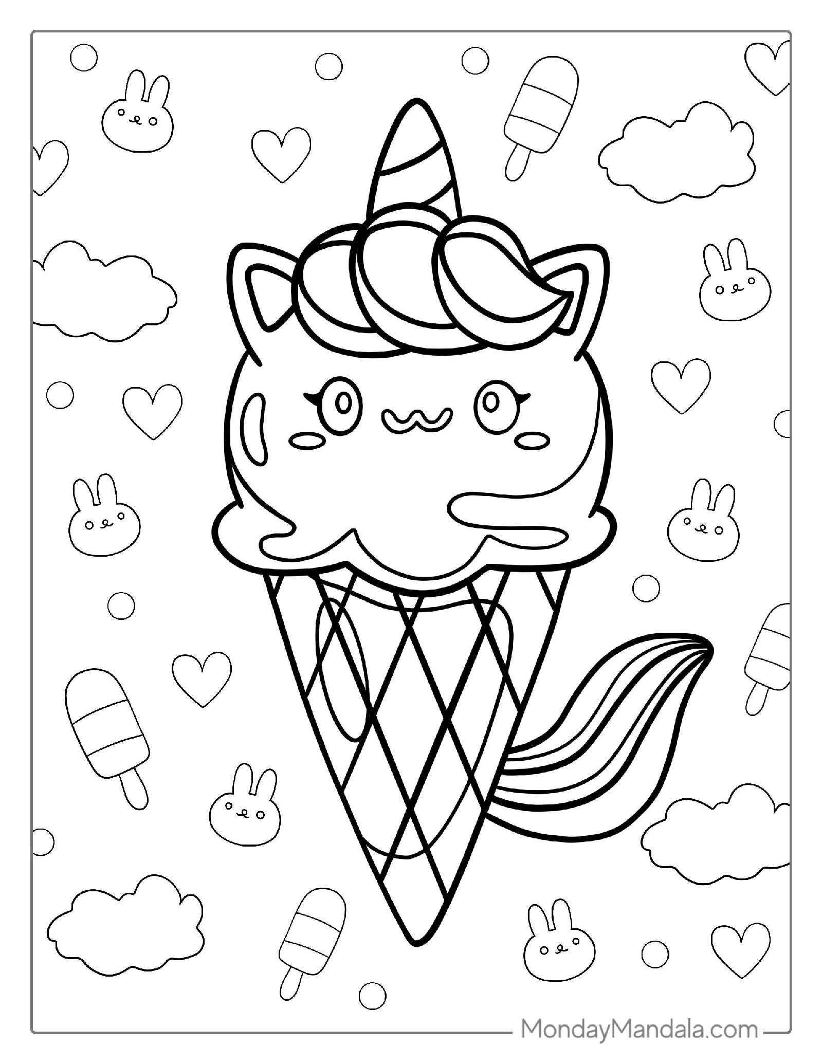 Coloring Page Of a Unicorn Themed Ice Cream