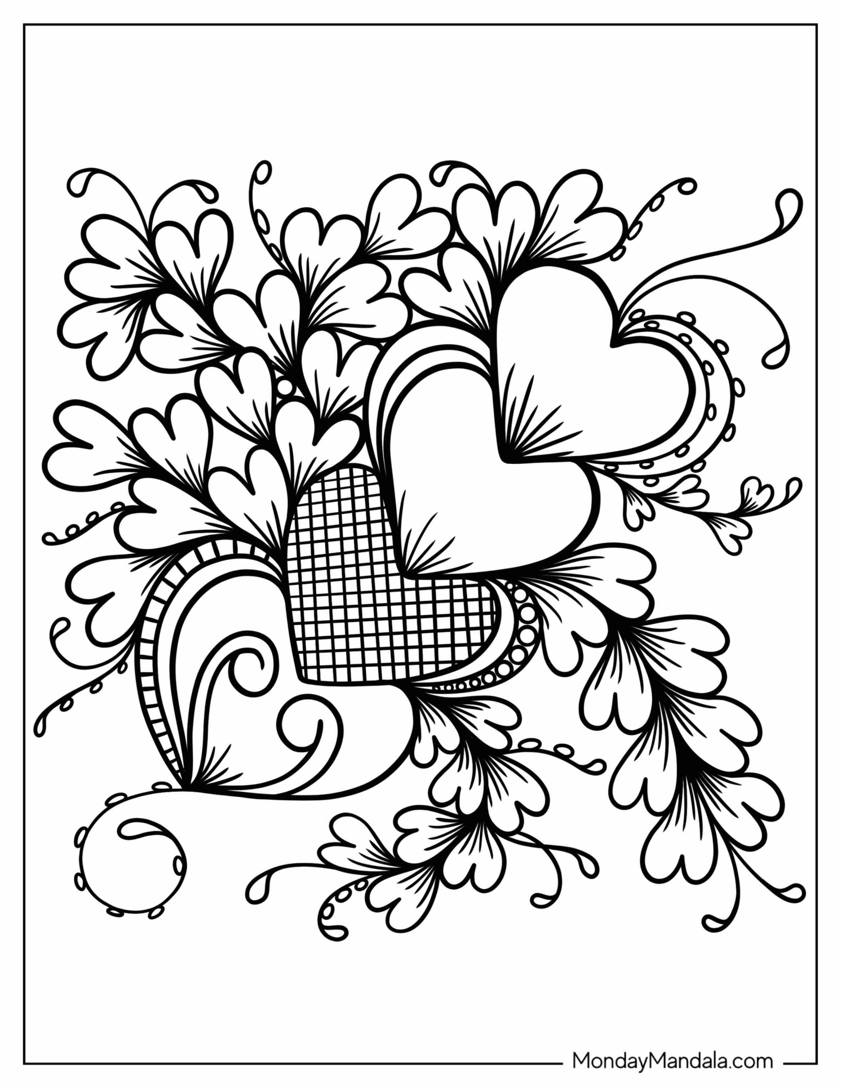 Coloring Page Of a Zentangle With Love Hearts