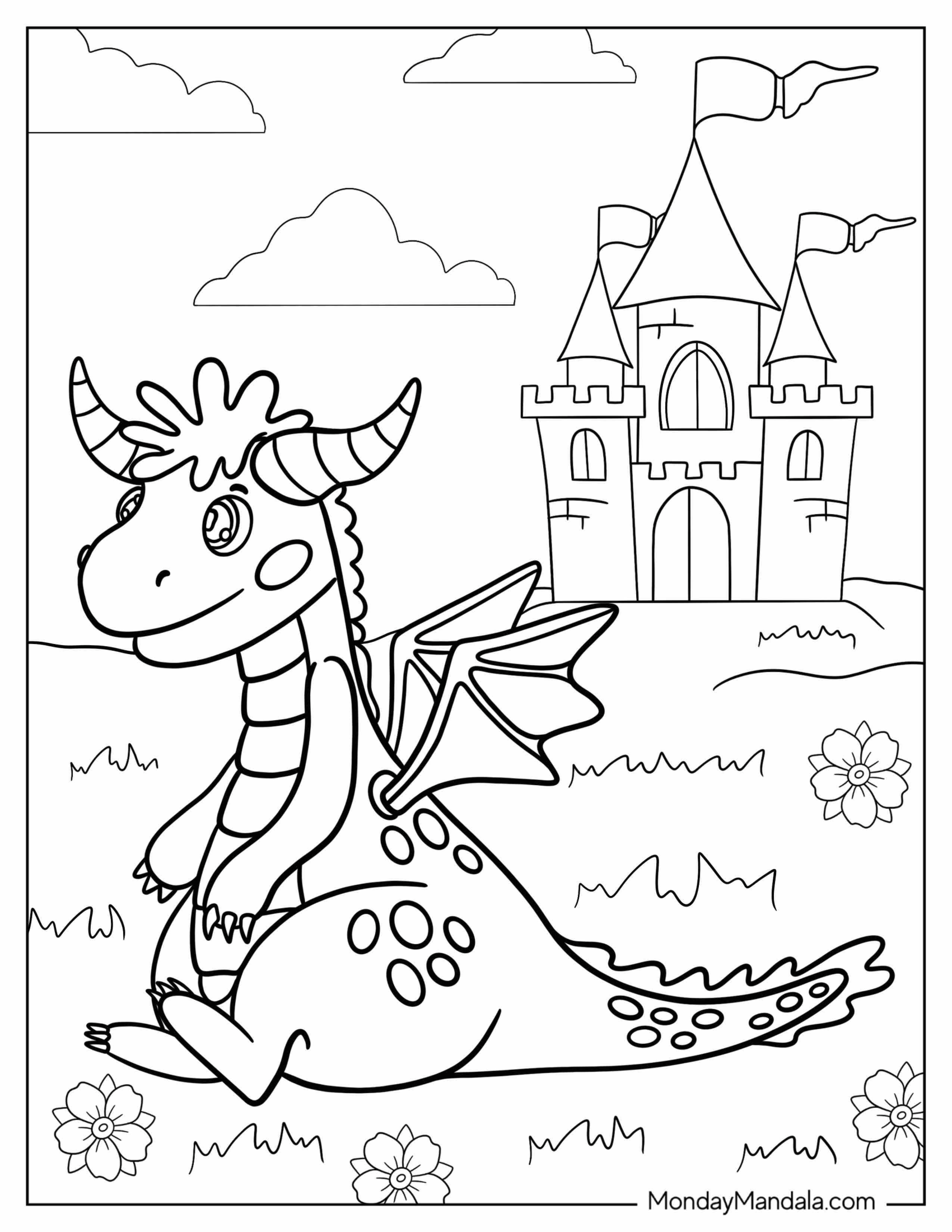 Coloring Sheet Of Dragon Next To Castle For Preschoolers