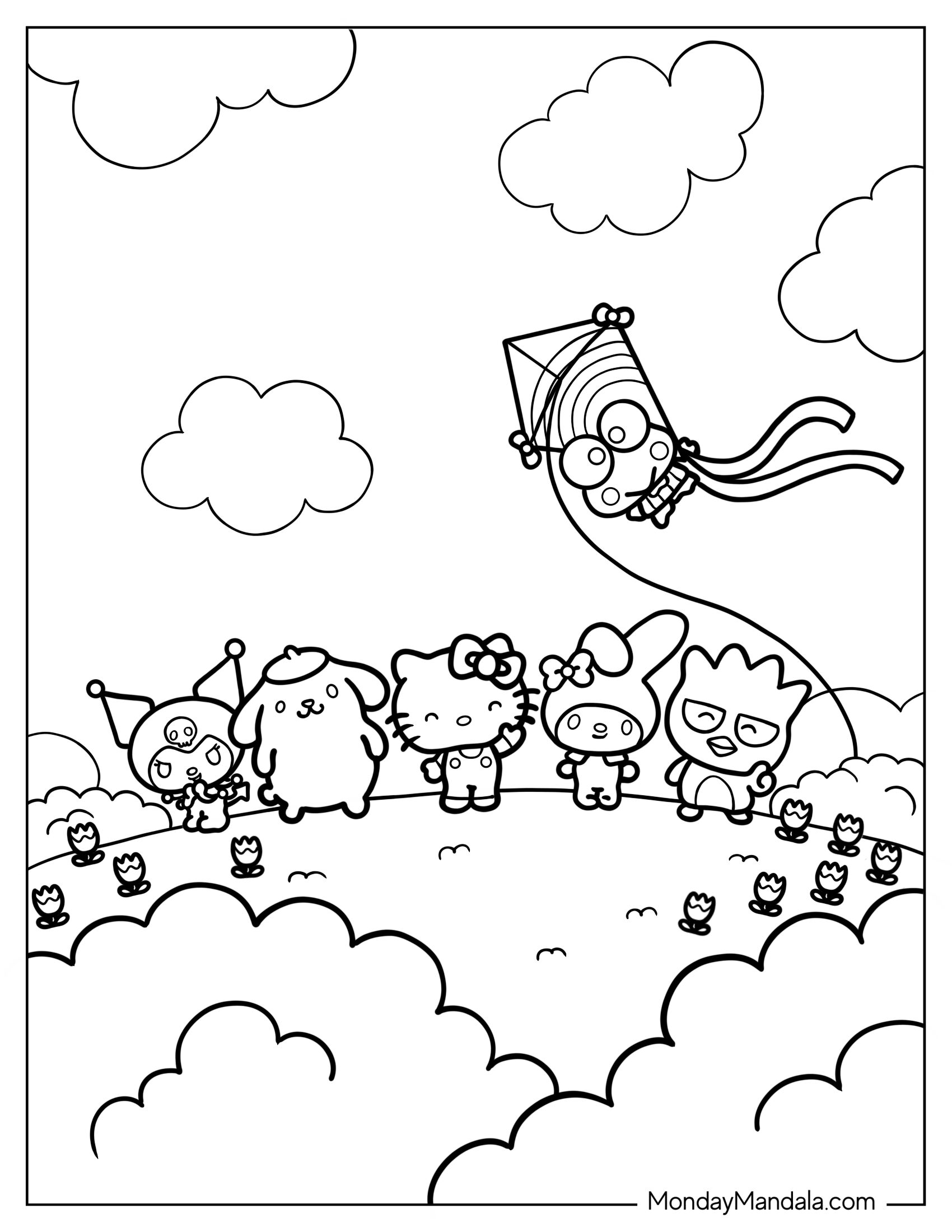 Coloring Sheet Of Hello Kitty Sanrio In A Field