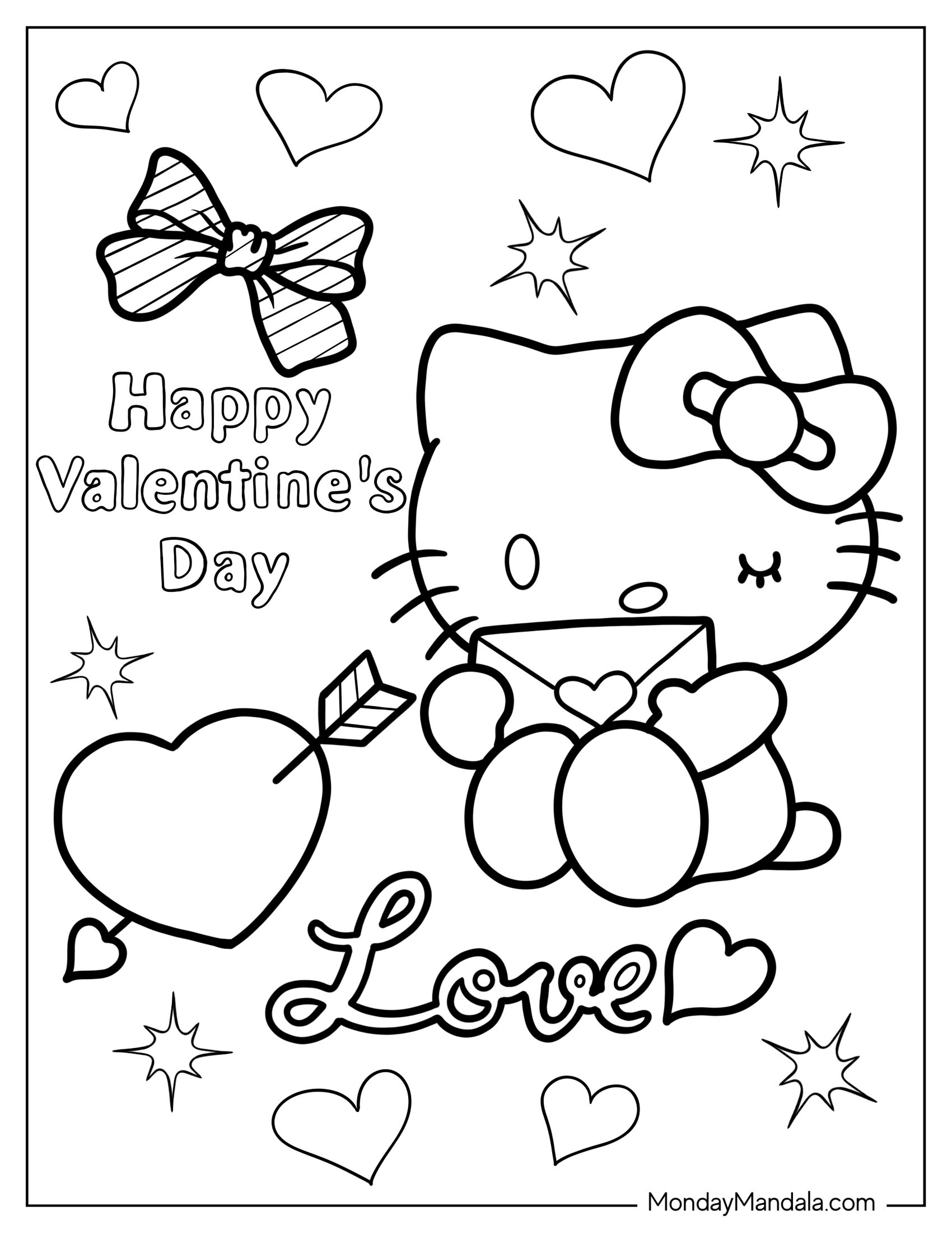 Coloring Sheet Of Hello Kitty With Valentine_s Day Card