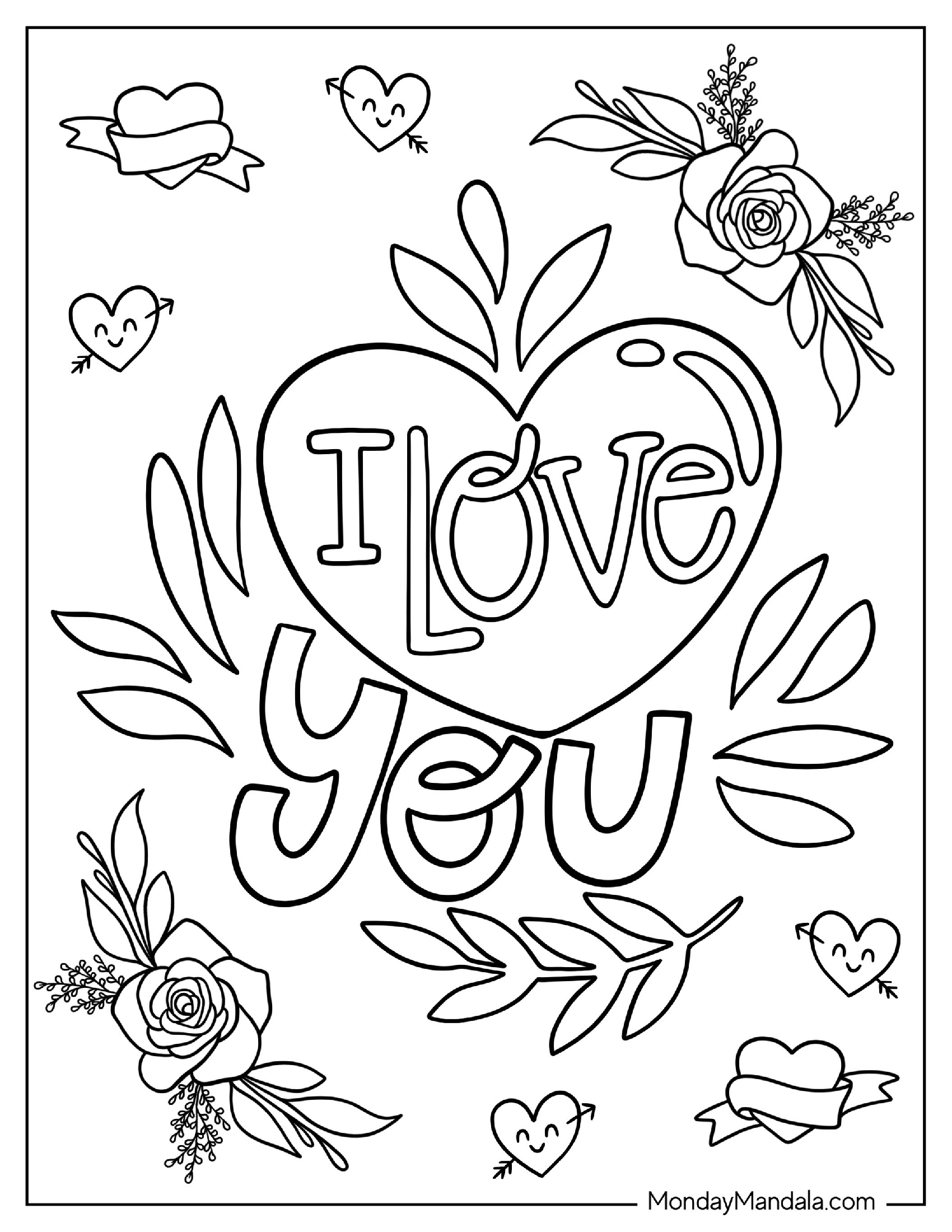 Coloring Sheet Of I Love You With Roses