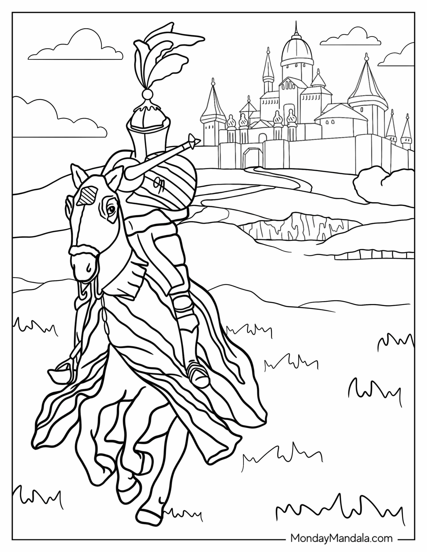 Coloring Sheet Of Knight With Lance On A Horse