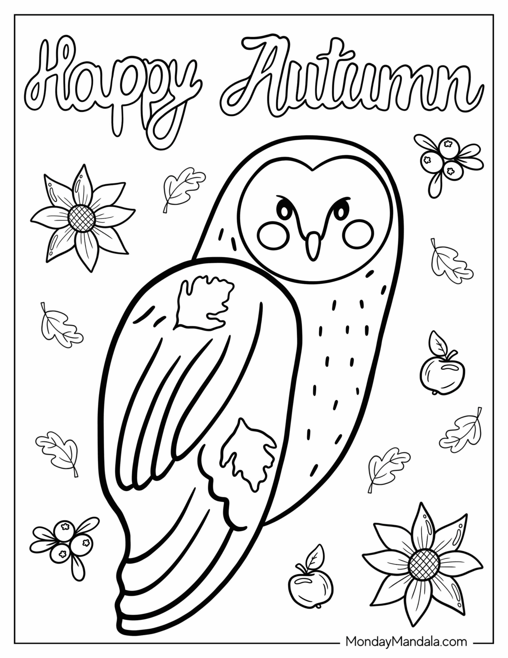 Coloring Sheet Of Owl With Fall Leaves