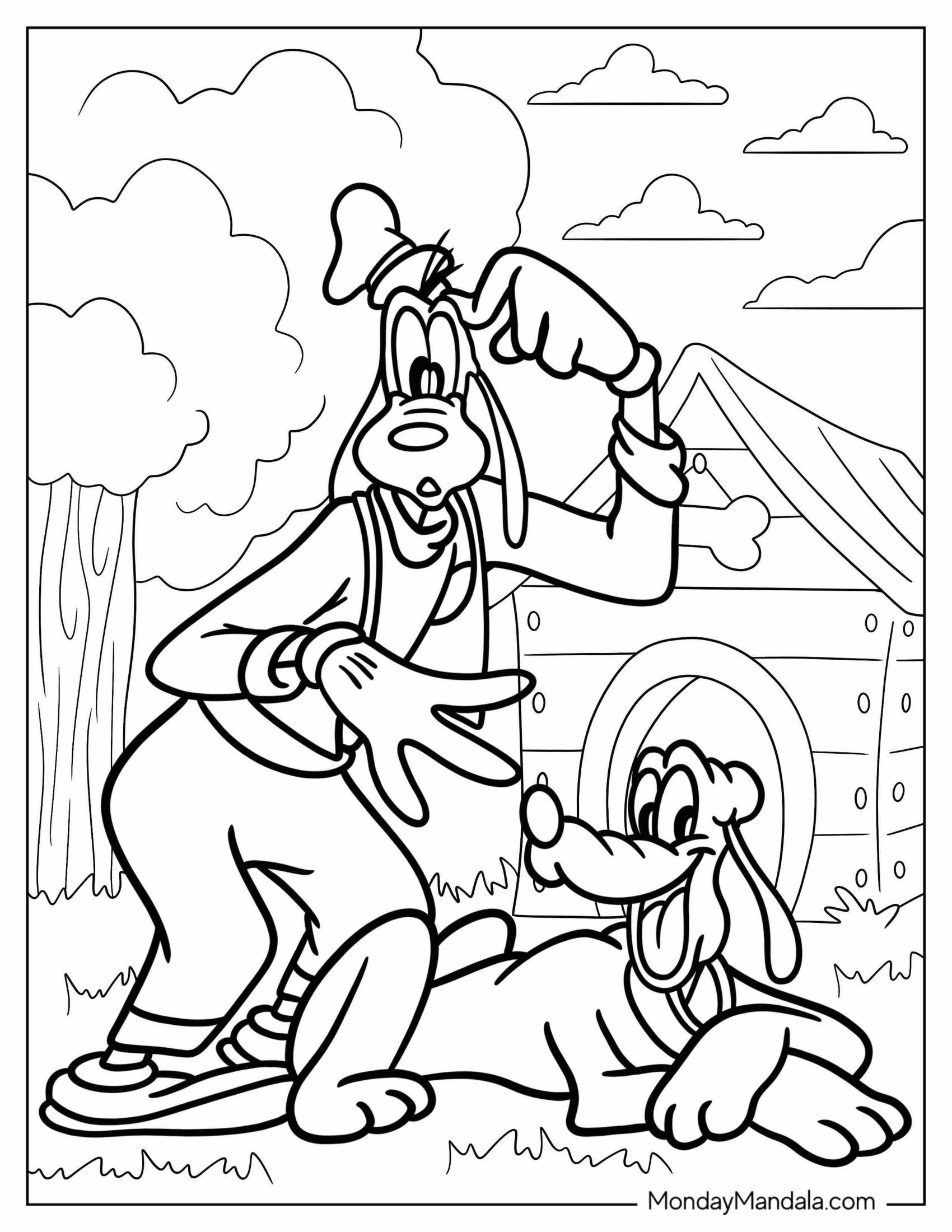 Confuse Goofy Standing Outside Dog House With Pluto Coloring Page