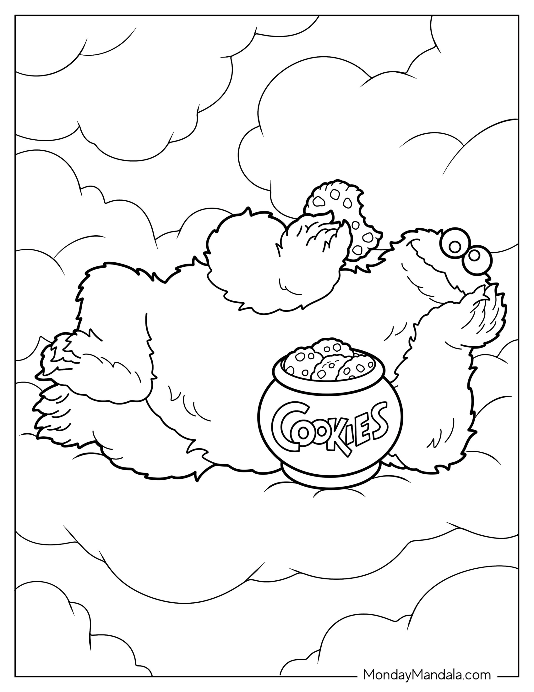 Cookie Monster Coloring Page In The Clouds With Cookie Jar