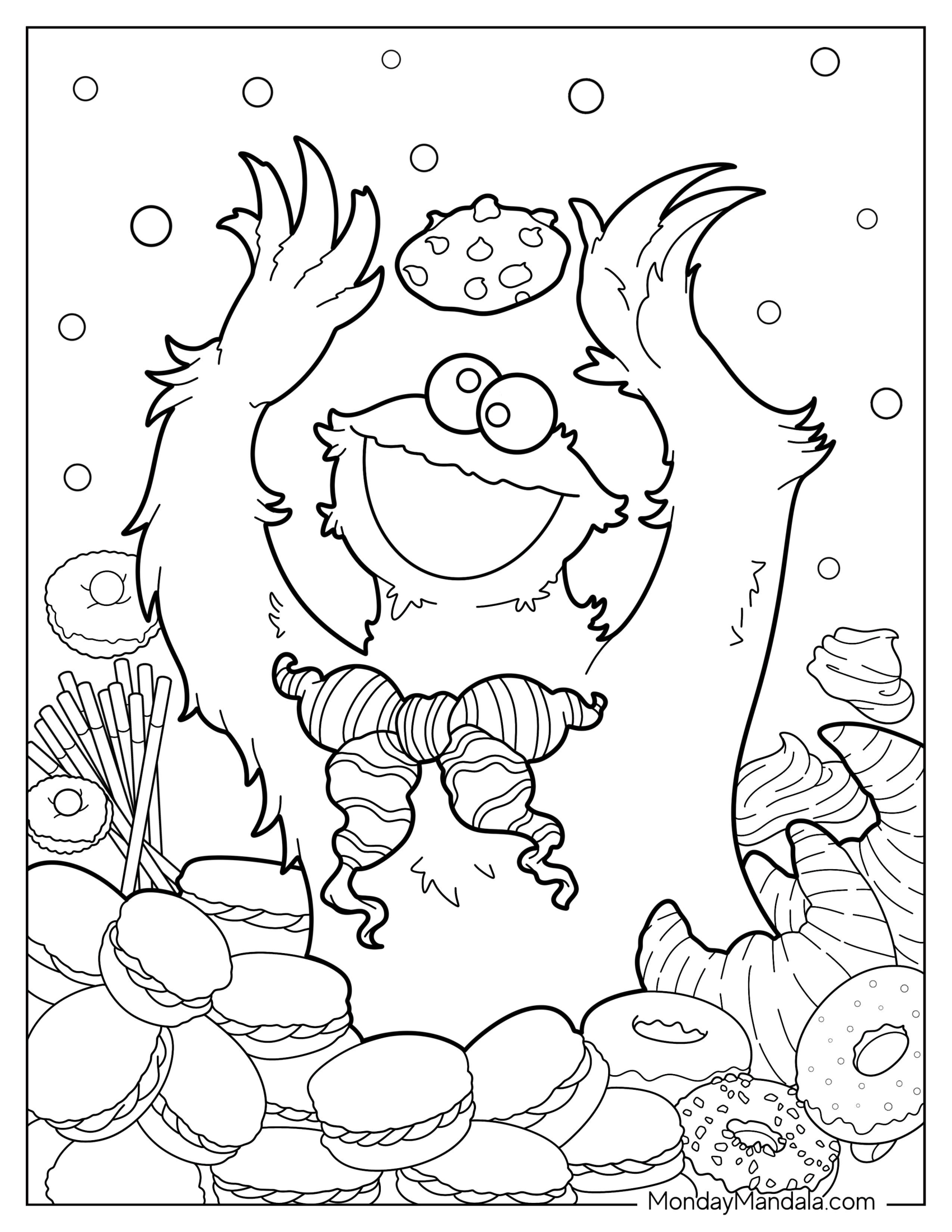 Cookie Monster Coloring Page Surrounded By Cookies And Sweets