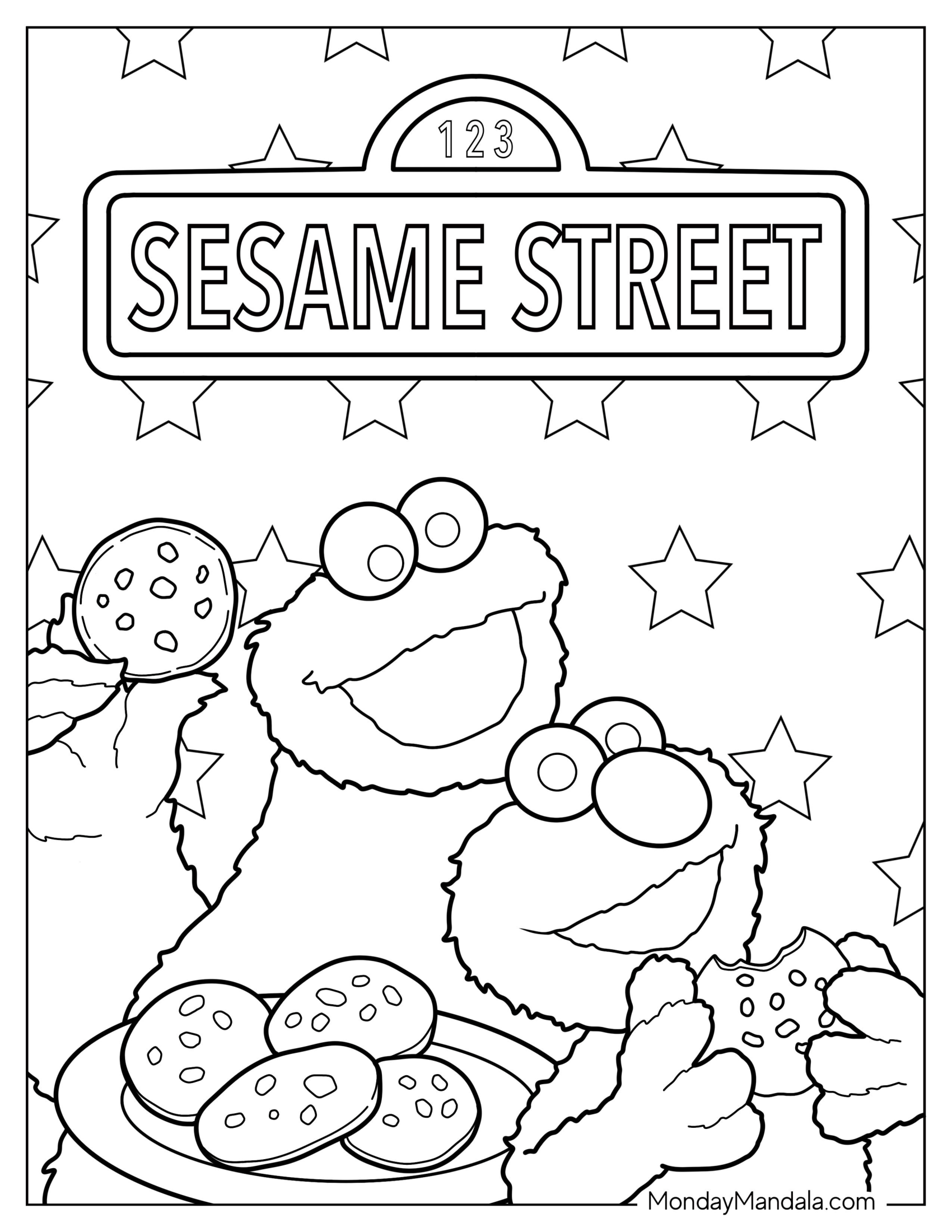 Cookie Monster Coloring Page With Elmo Sesame Street Poster