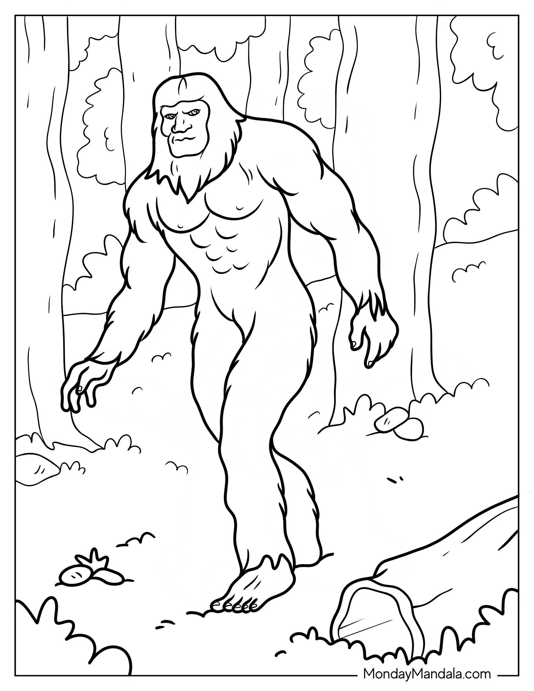 Creepy Bigfoot And Yeti Coloring Page Hiding In The Forest