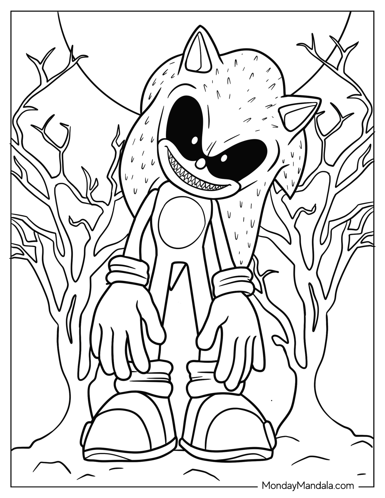 Creepy Sonic Exe Coloring Page With Dead Trees And Full Moon In Background