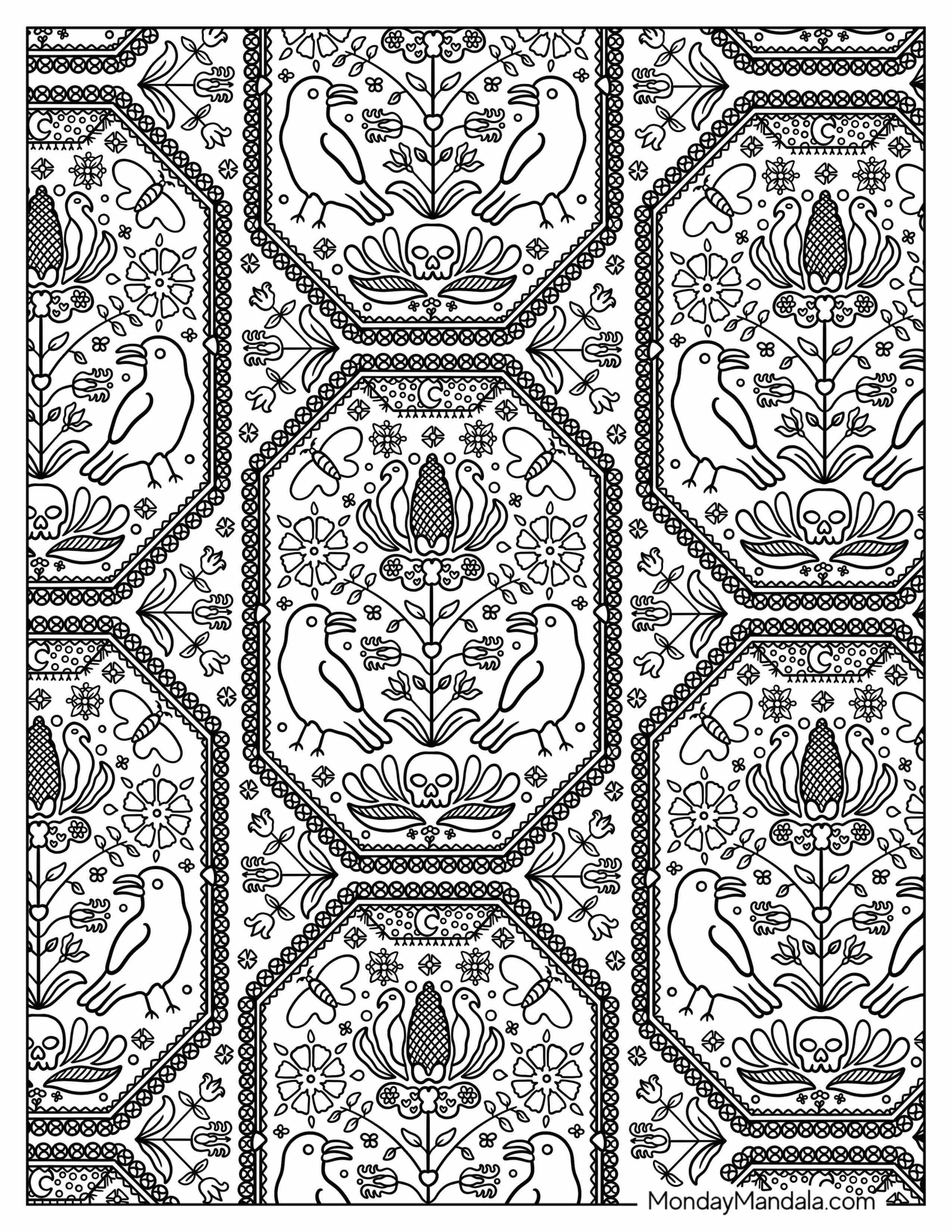 Crows, Skull, And Moths Pattern Coloring Page