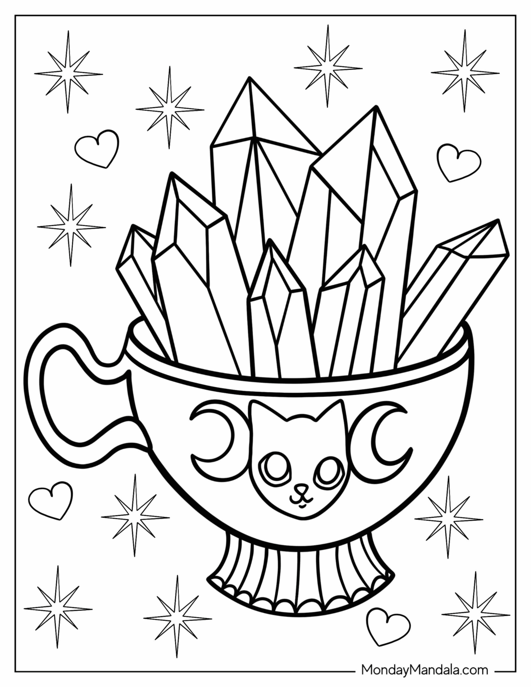 Crystal Coloring Page In Cute Cup With Cat And Moon Design