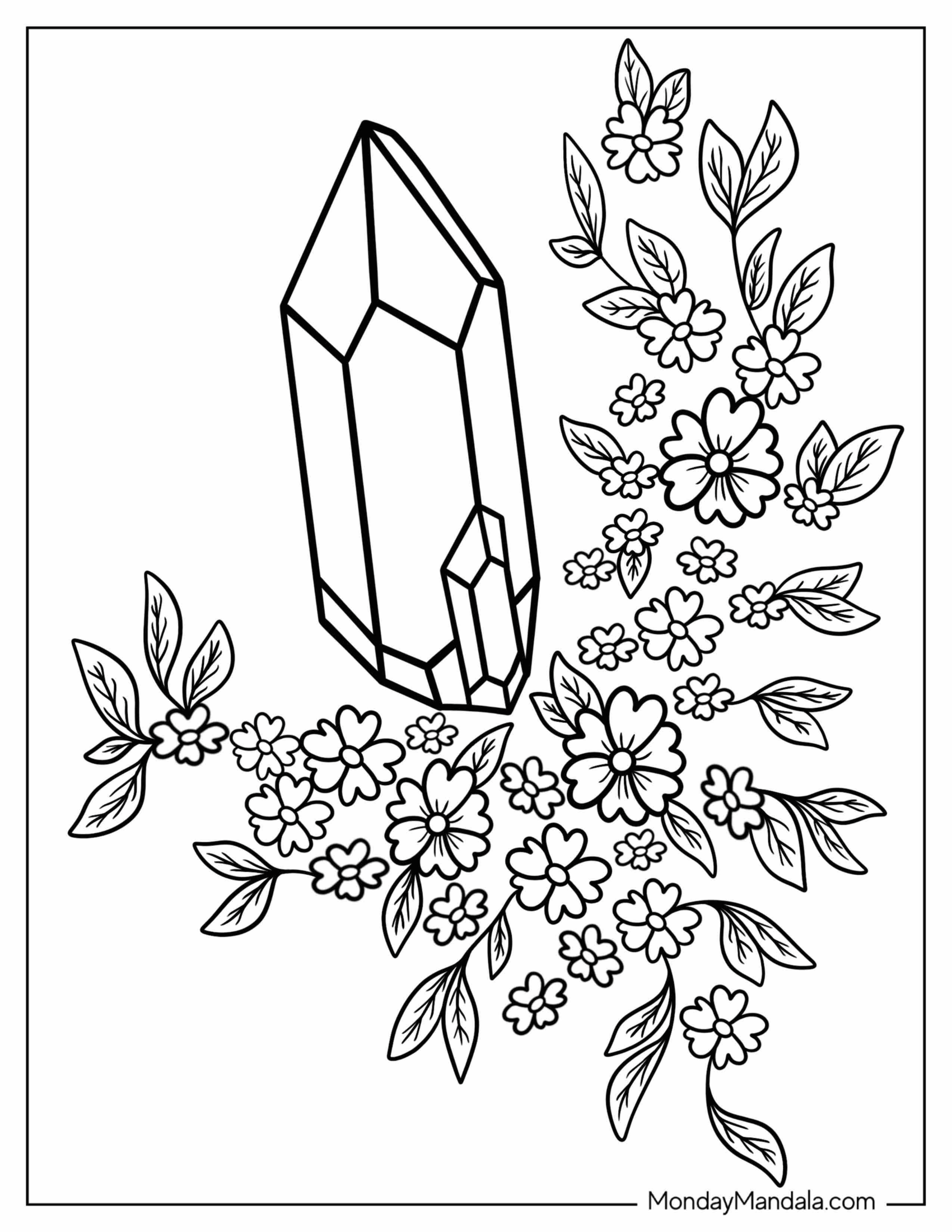 Crystal Coloring Page Surrounded By Flowers For Kids