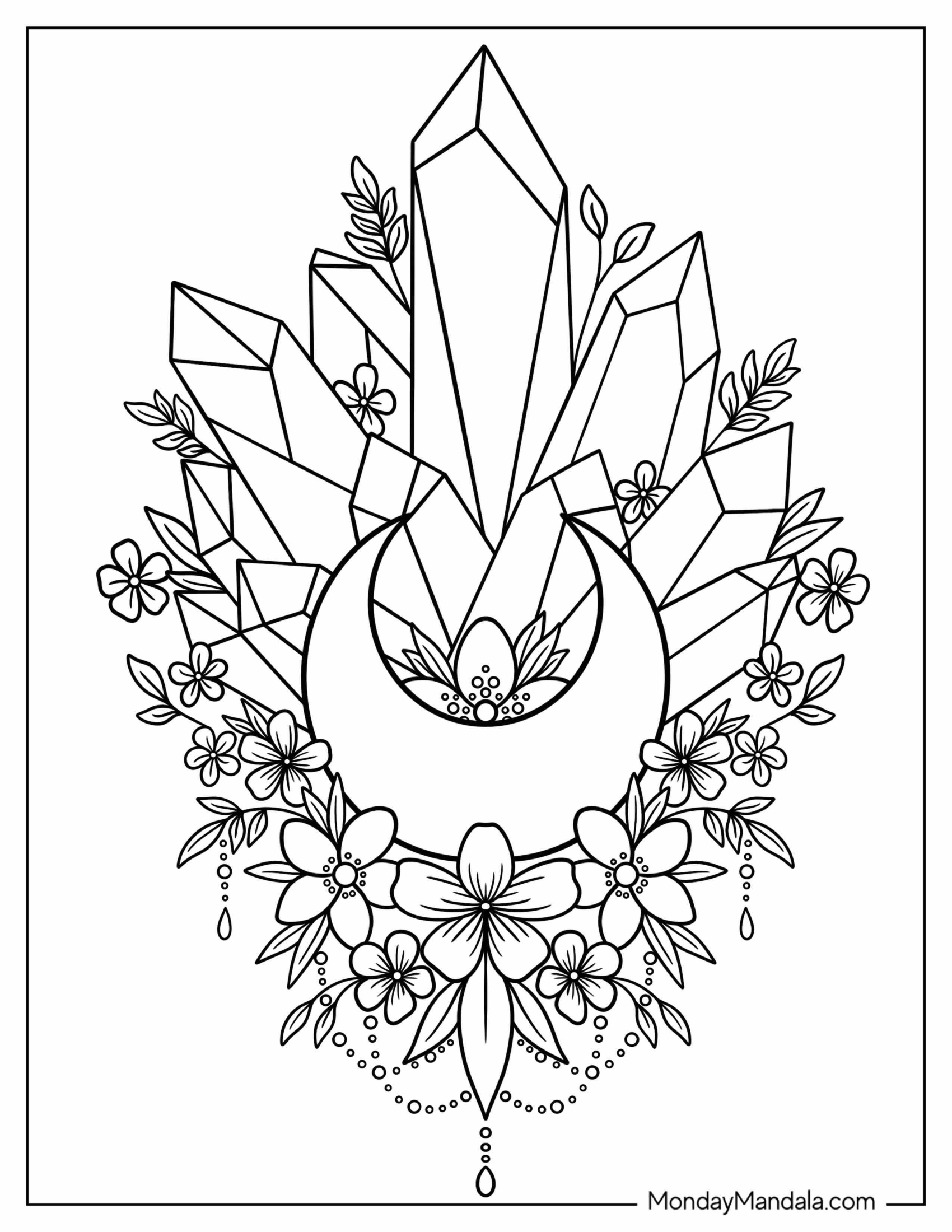 Crystal Coloring Page With Crescent Moon And Flowers