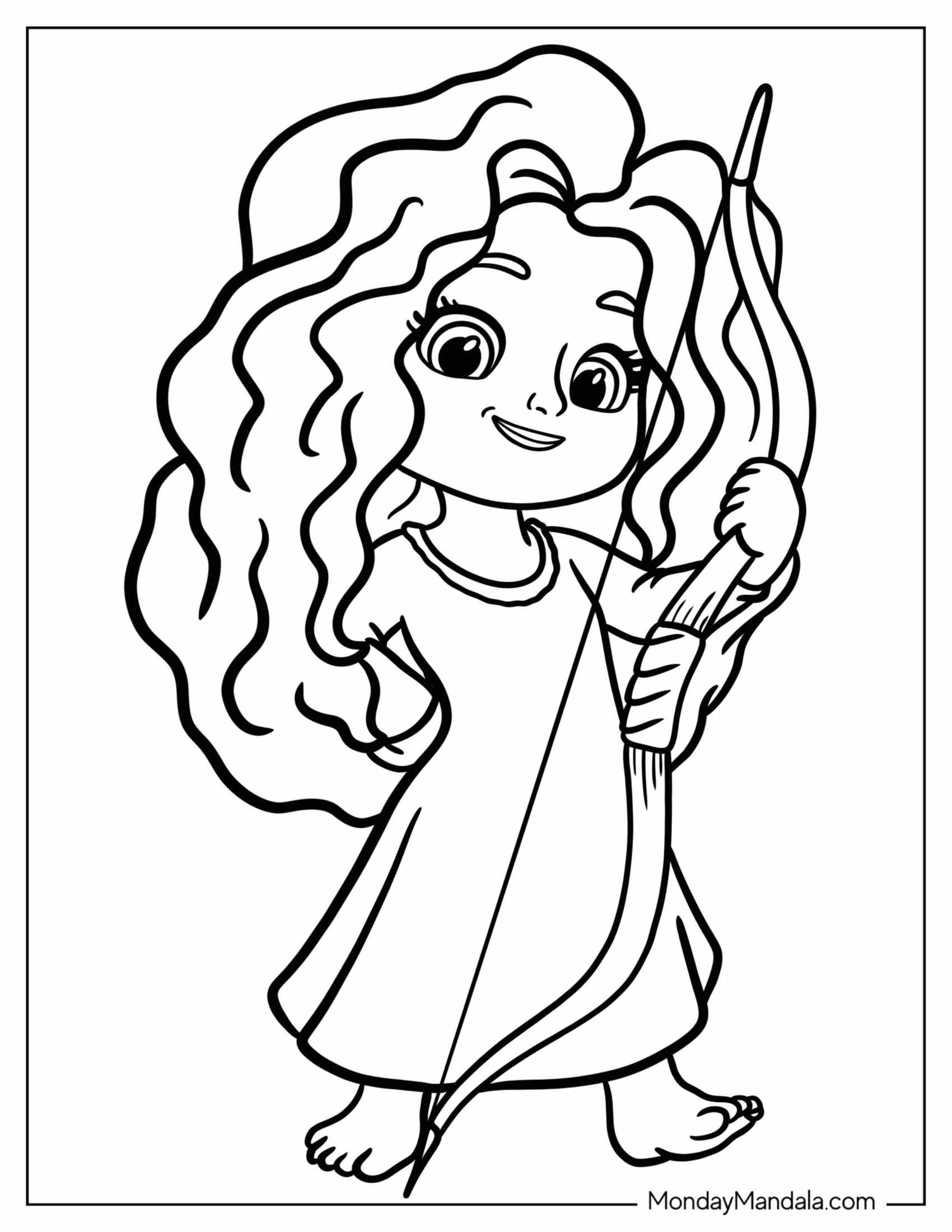 Cute Baby Merida Coloring Page Holding Bow For Preschoolers