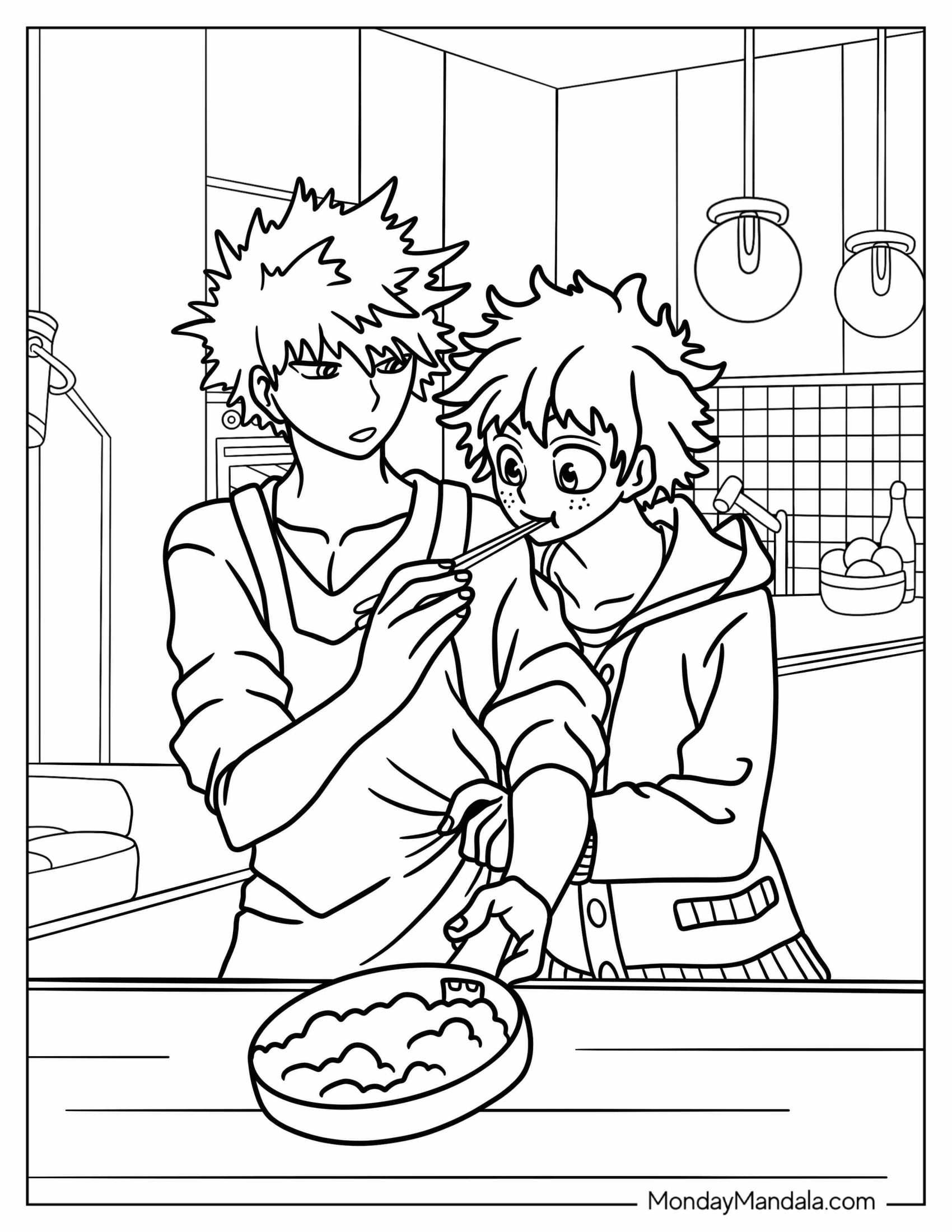 Cute Bakugo Feeding Deku Coloring Page