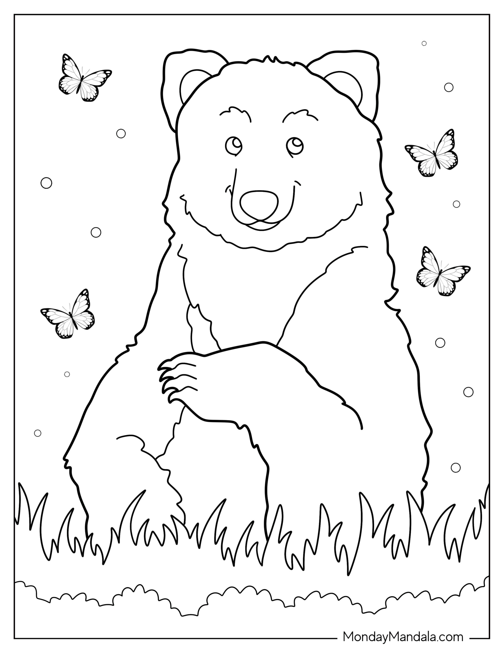 Cute Bear Coloring Page Sitting In Grass With Butterflies