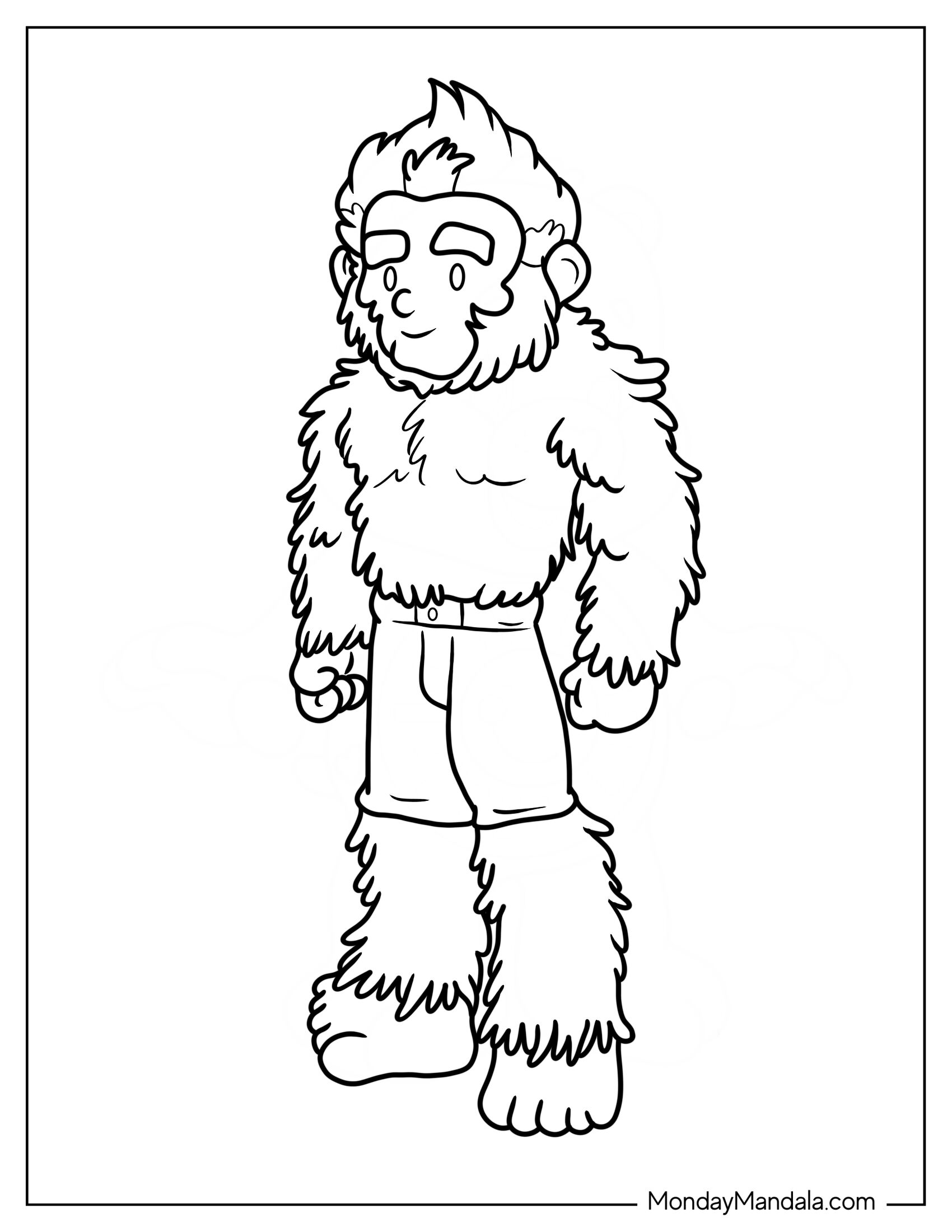 Cute Bigfoot And Yeti Coloring Page In Pants For Kids