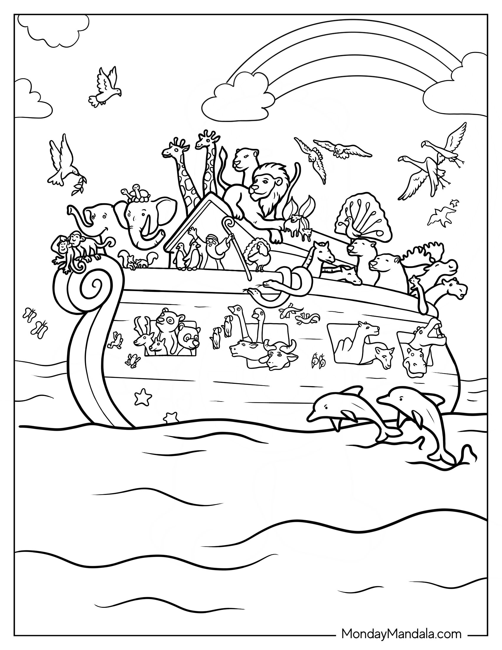 Cute Cartoon Noah's Ark Coloring Page For Kids