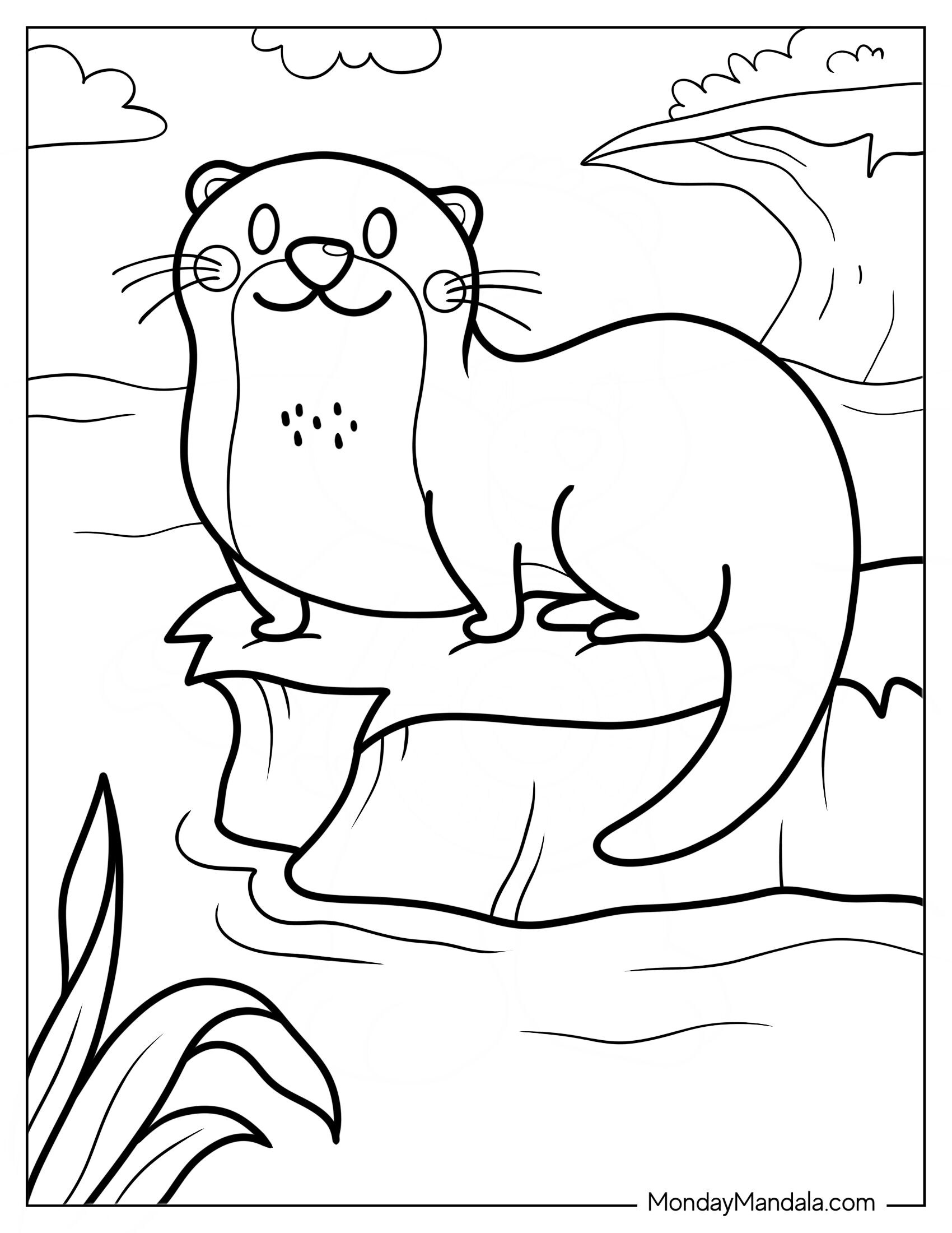 Cute Cartoon Otter Coloring Page On The Beach For Preschoolers