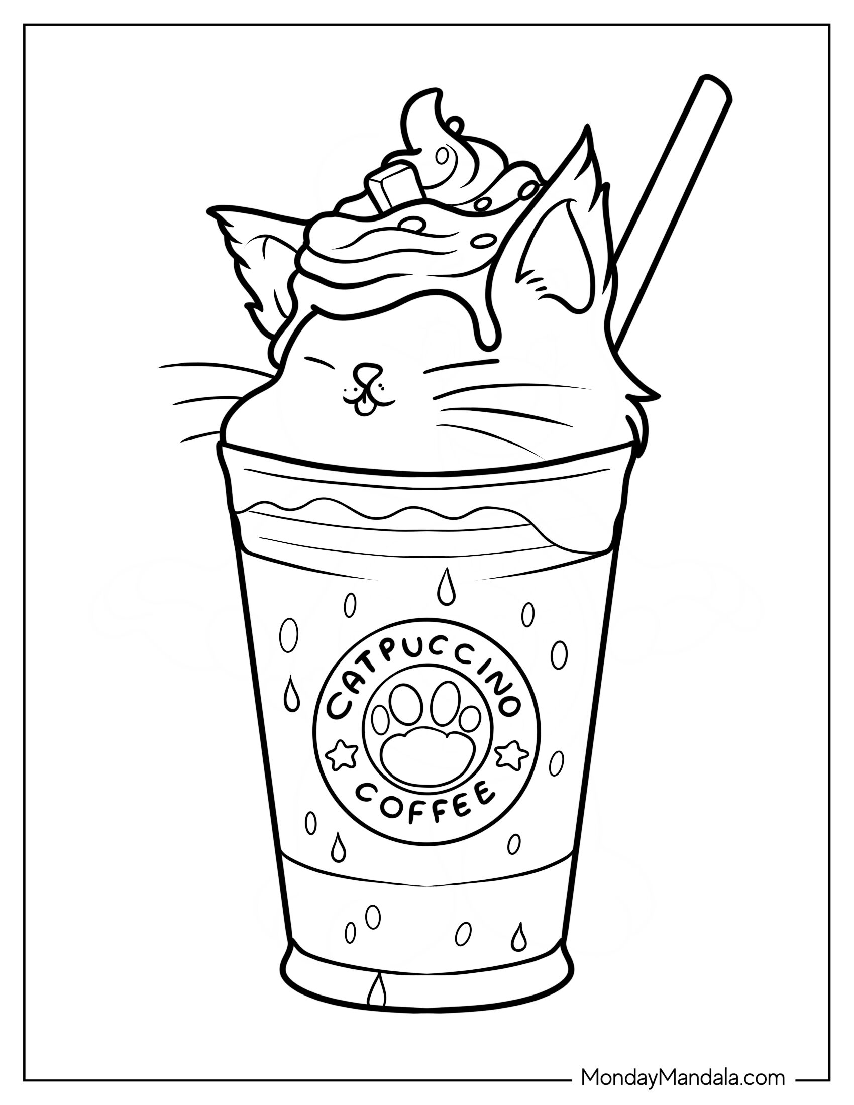 Cute Catpuccino Starbucks Coloring Page Coffee