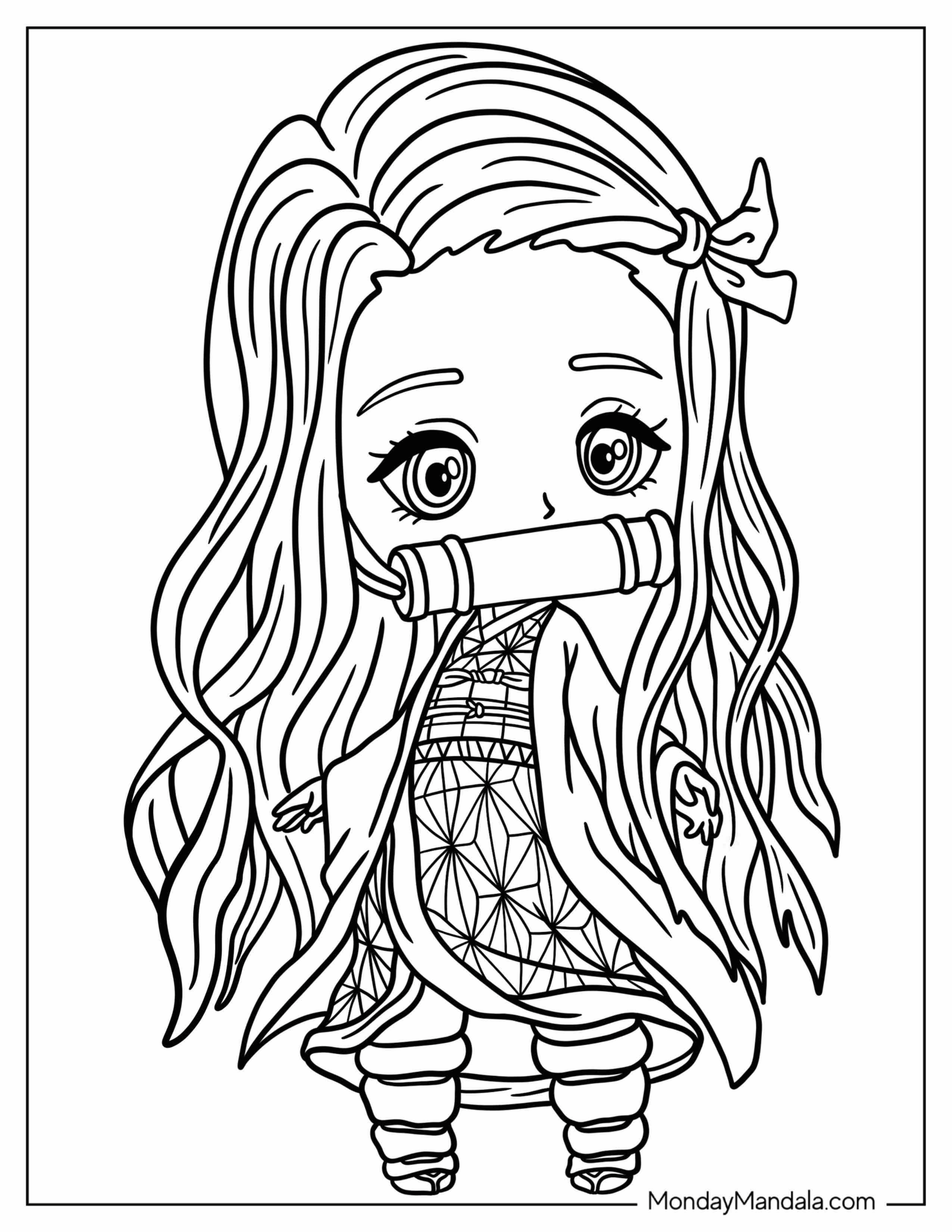 Cute Chibi Nezuko Coloring Page Biting Down Bamboo