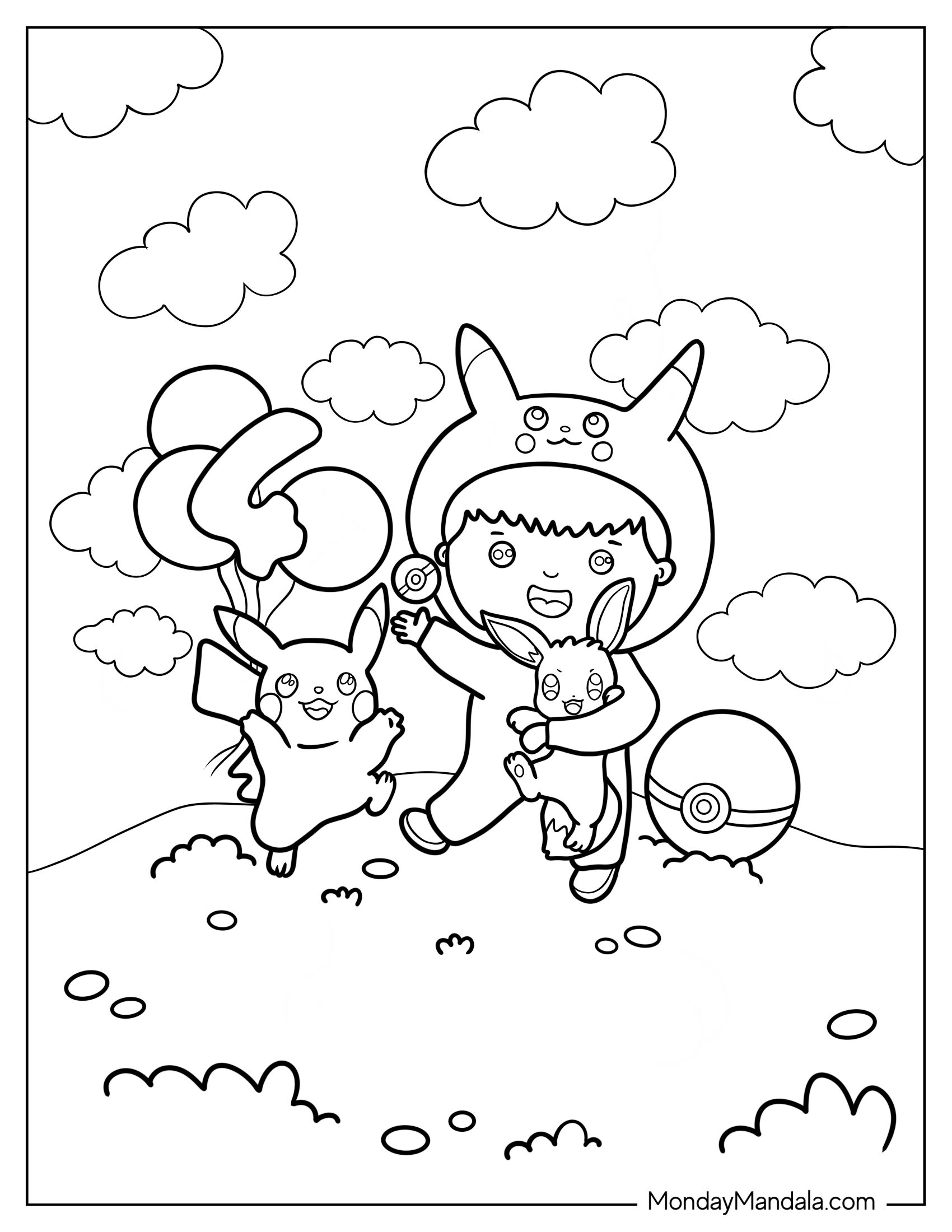 Cute Coloring Page Of Boy Dressed As Pikachu With Eevee And Pikachu