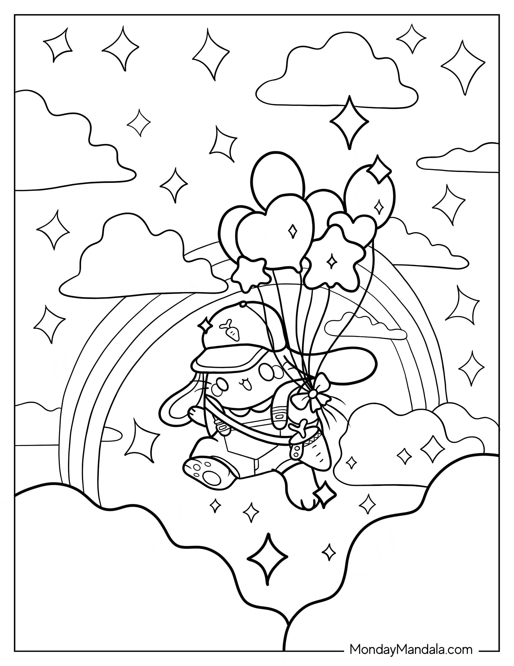 Cute Coloring Page Of Bunny Holding Balloons In The Sky